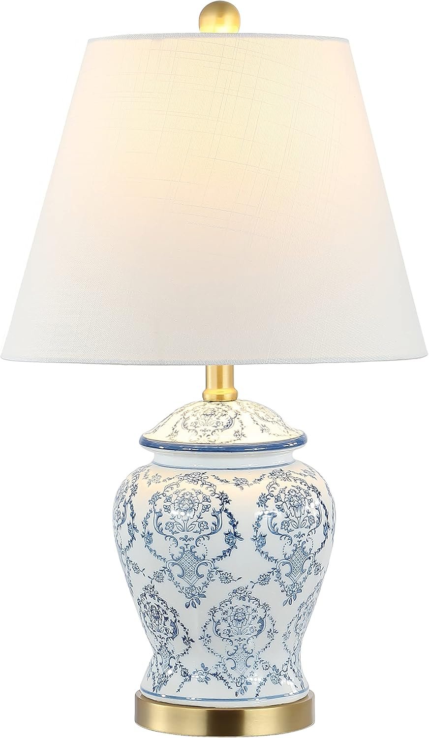 JONATHAN Y 22.25″ Blue/White Chinoiserie Ceramic Urn Table Lamp, Traditional Classic Nightstand Lamp for Living Room Bedroom, White Linen Shade, LED Bulb Included JYL3085A
