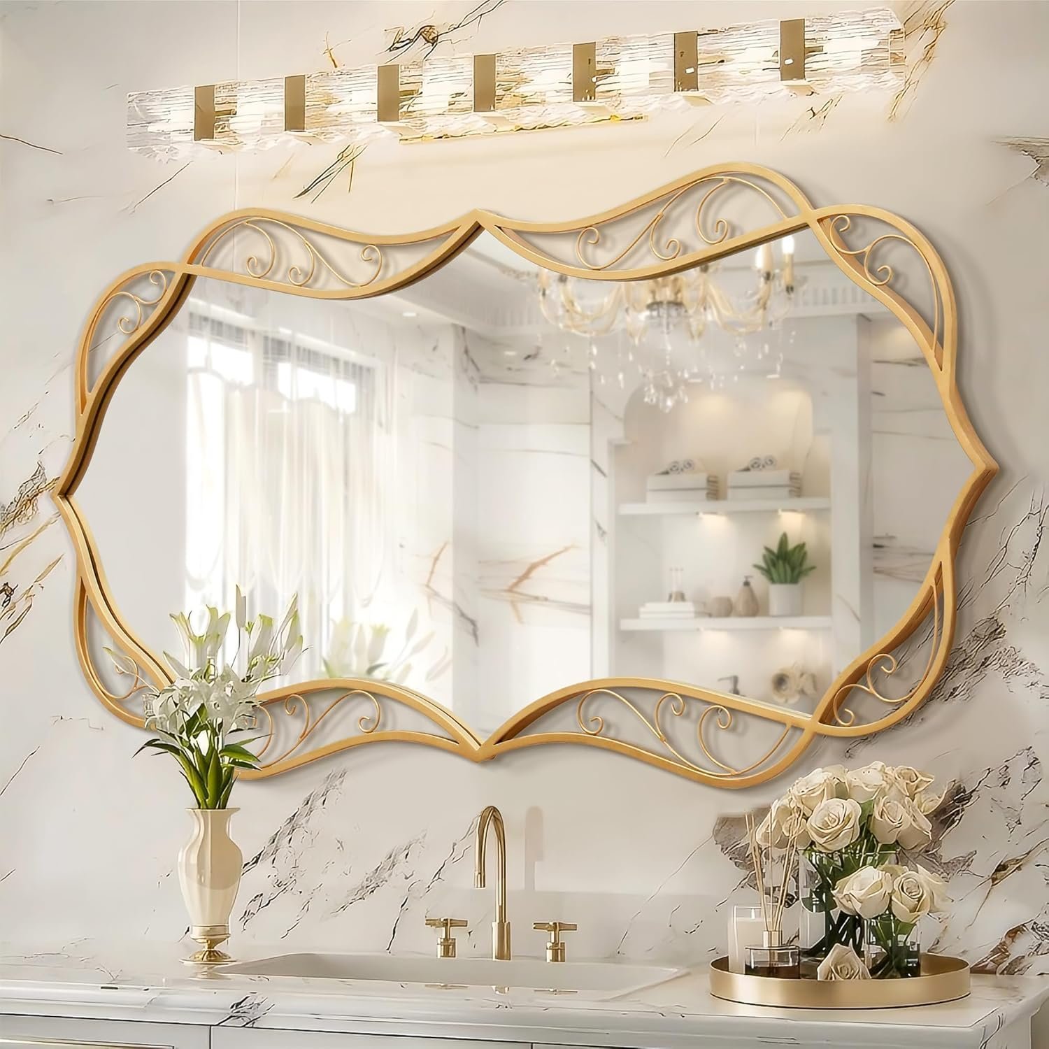 Besdomus Gold Bathroom Large Mirror: 24″x48″ Scalloped Modern Large Vanity Mirror for Wall – Farmhouse Decorative Vertical or Horizontal Hanging – Wall Decor for Bathroom/Entryway/Bedroom/Living Room