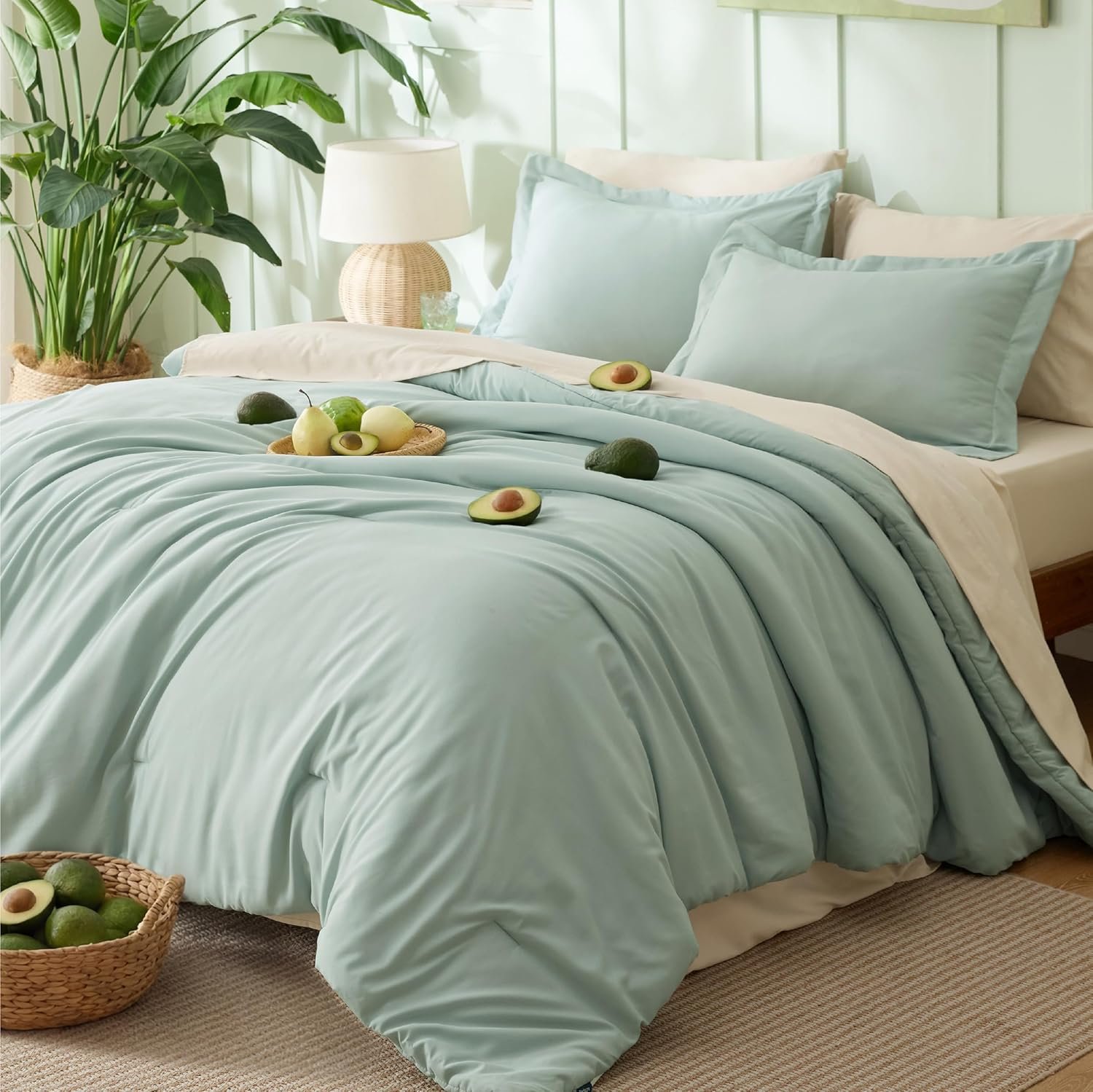 Bedsure Queen Comforter Set – 7 Pieces Sage Green Queen Bedding Set for All Seasons, Boho Contrasting Design Bed in a Bag with Comforter, Sheets, Pillowcases & Shams