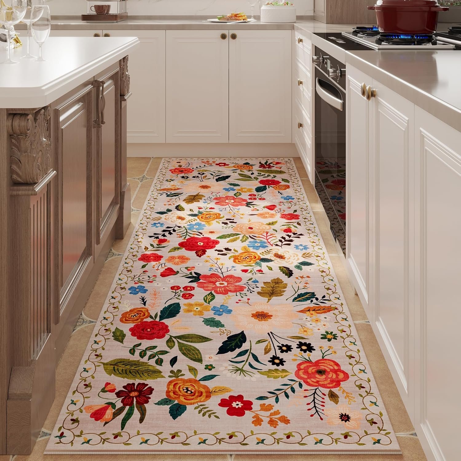 Rugcomf Runner Rug for Hallways Kitchen Rug Non Slip 2’x 6′ Washable Rugs with Rubber Backing Soft Floral Carpet Runner for Hallways, Kitchen, Laundry, Bedroom, Bathroom(Beige)