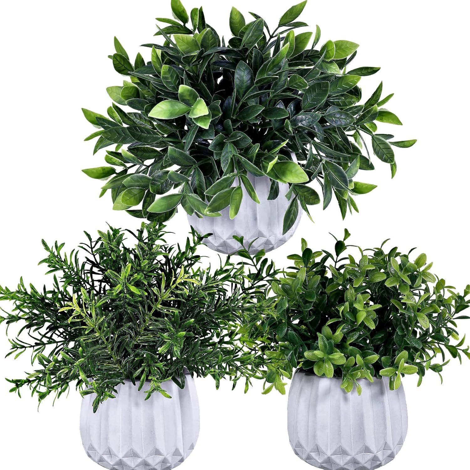 Winlyn 3 Pcs Faux Potted Plants Set – Artificial Eucalyptus, Rosemary, Boxwood Greenery in Small White Geometric Planters for Indoor Outdoor Desk Table Centerpiece Shelf Windowsill Home Office Decor