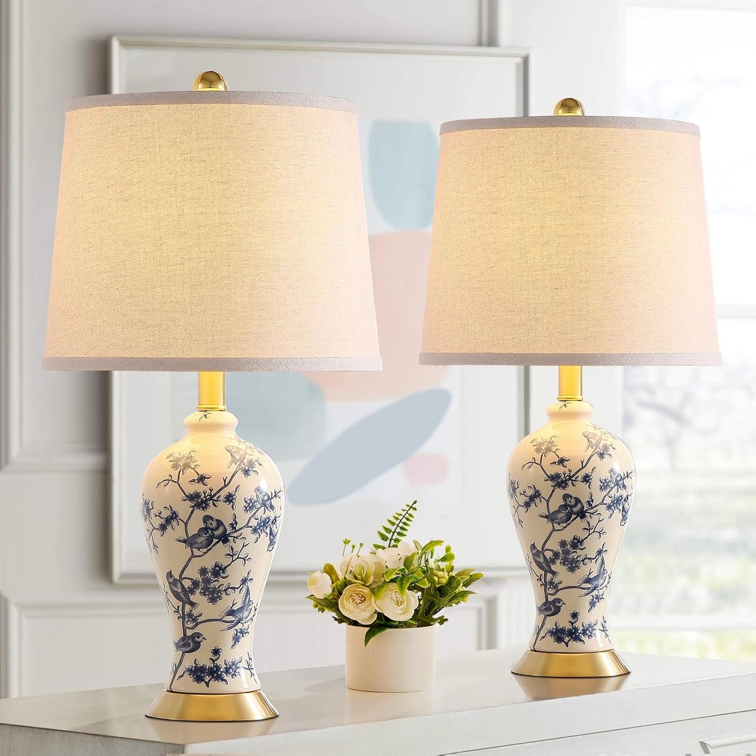 RORIA 24″ Chinoiserie Modern Ceramic Small Table Lamps Set of 2 for Bedroom, Blue and Beige Bird Pattern Traditional Classic Table Lamp for Living Room Nightstand Entryway, 2 LED Bulbs Included
