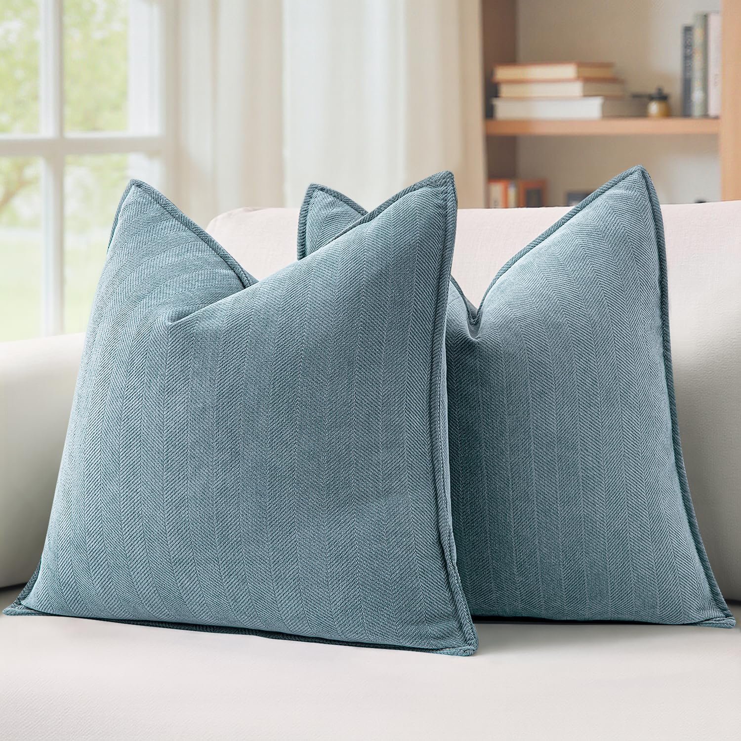 MIULEE Pack of 2 Dusty Blue Decorative Pillow Covers 20×20 Inch Soft Chenille Luxurious Couch Throw Pillows Farmhouse Cushion Covers with Elegant Design for Sofa Bedroom Living Room Summer Home Decor