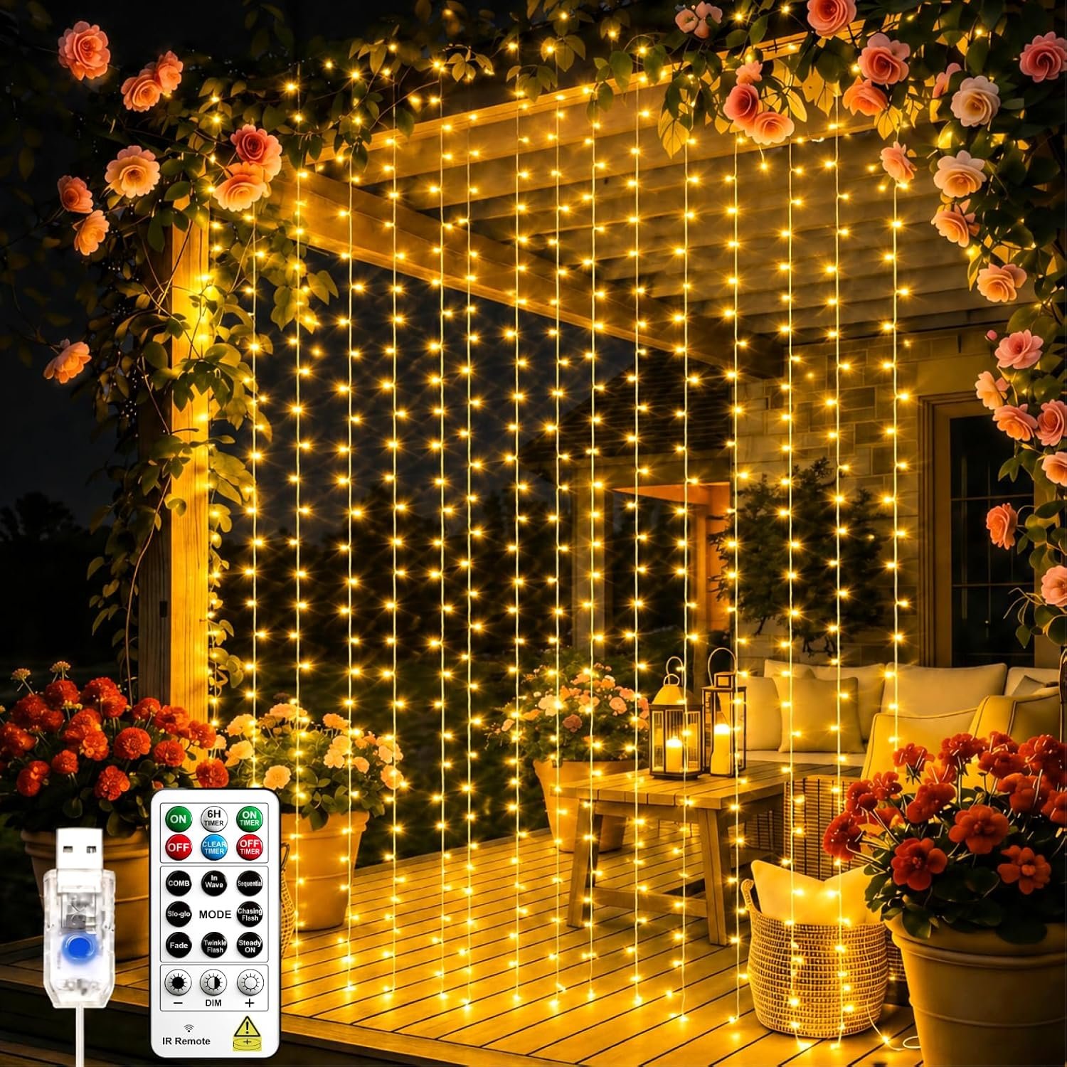 Curtain Light for Bedroom, 200LED 6.6×6.6ft Warm White Window Wall Hanging Fairy Curtain String Light, 8 Modes Remote Fairy String Lights Indoor for Wedding Party Home Garden Decorations