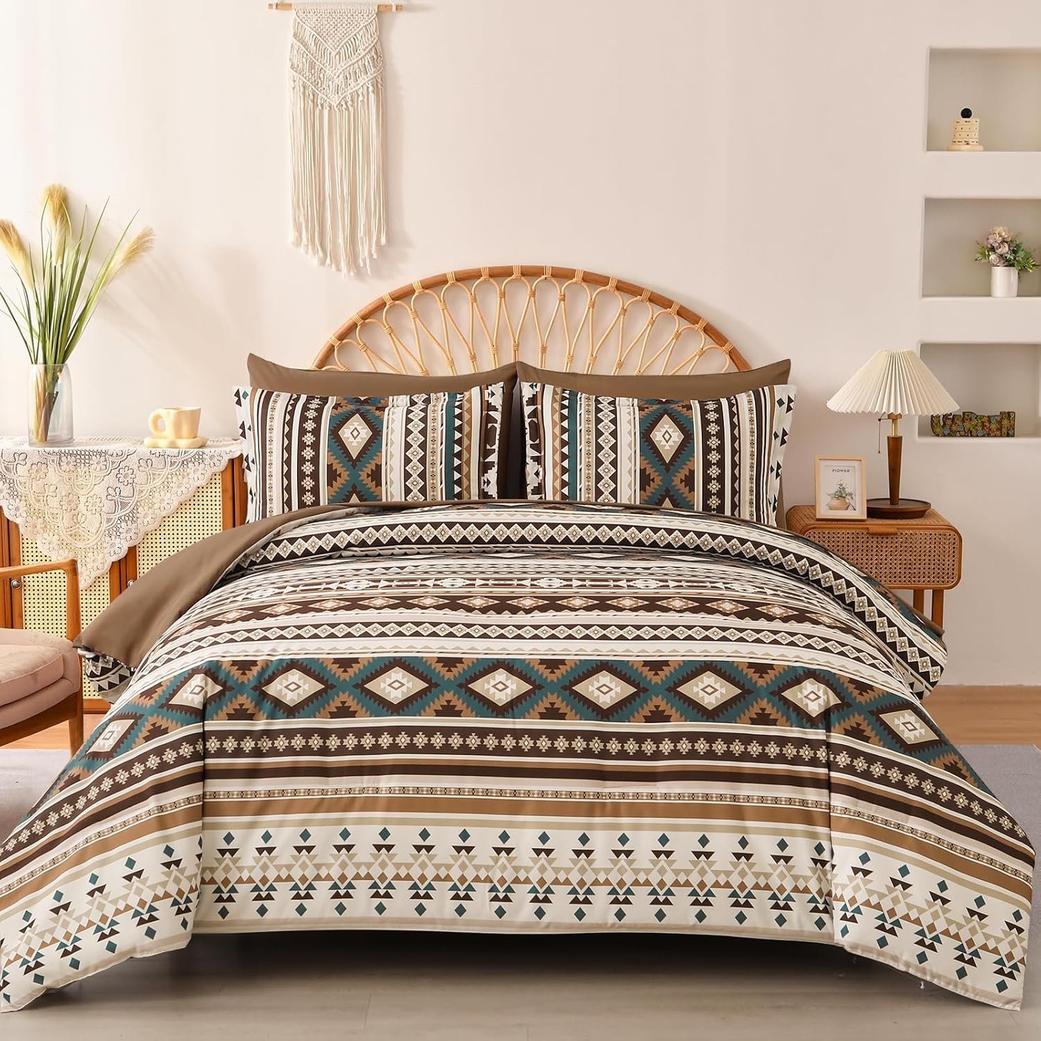 Dinjoy Brown Boho Comforter Set Queen Size,7 Pieces Bed in a Bag Queen Coffee Aztec Bedding Sets with Sheets Bohemian Geometric Striped Complete Set for All Season 90″x90″
