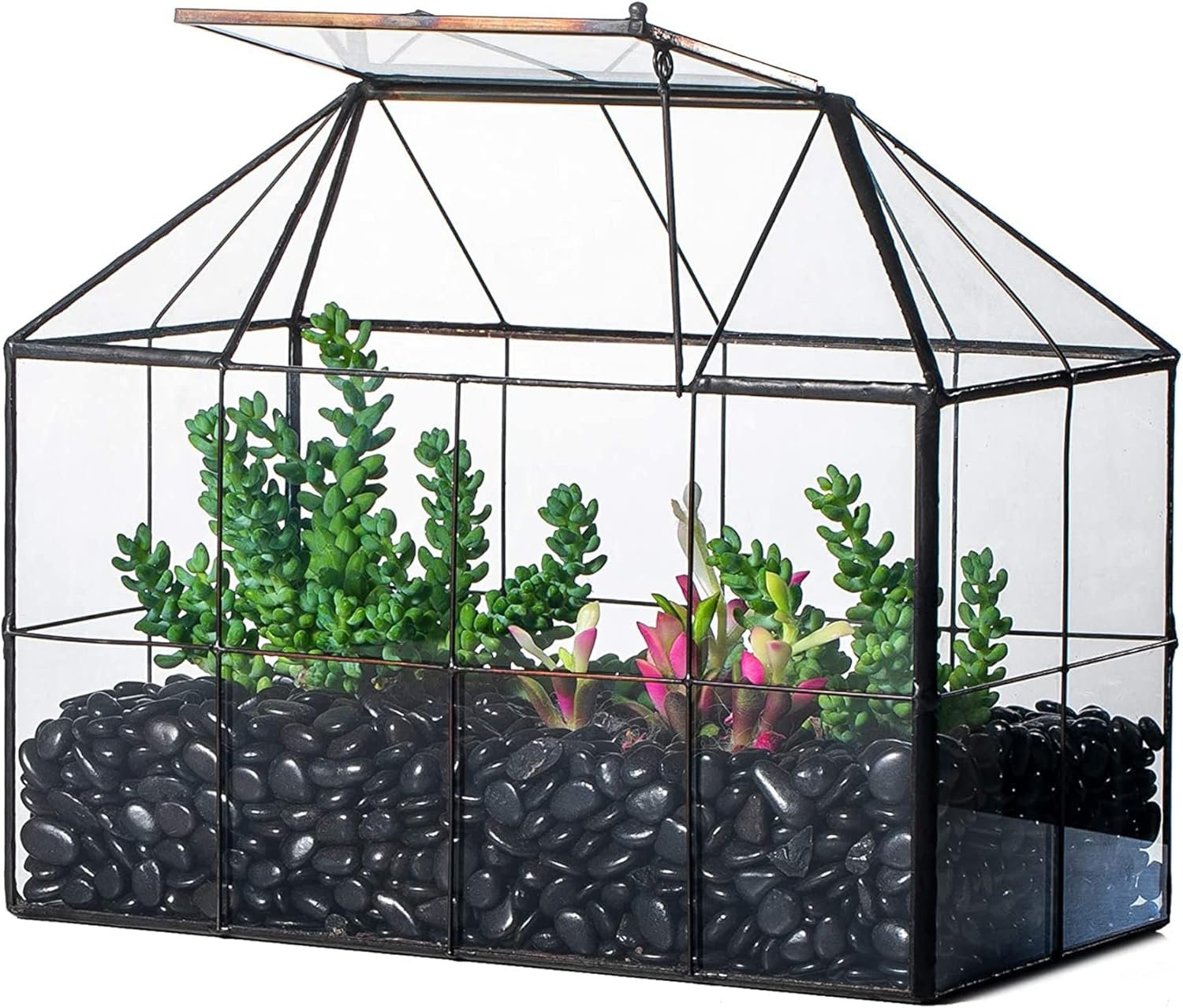 NCYP Glass Terrarium Planter with Lid for Small Succulent Plants, Grid House Shape Black Geometric Terrarium Pot, Home Garden Indoor Tabletop Decor, 9.84″ x 5.31″ x 7.87″ (No Plants)