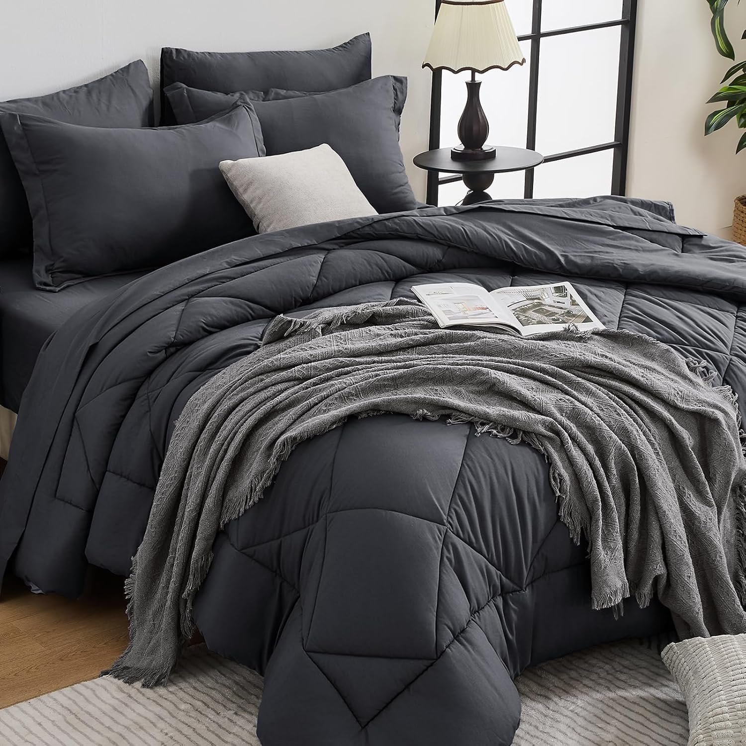 HEVUMYI King Comforter Set – 7-Piece All Season Bed in a Bag King, Ultra Soft Bedding Set with Comforter, Flat Sheet, Fitted Sheet, Pillowcases, Pillow Shams, Dark Grey