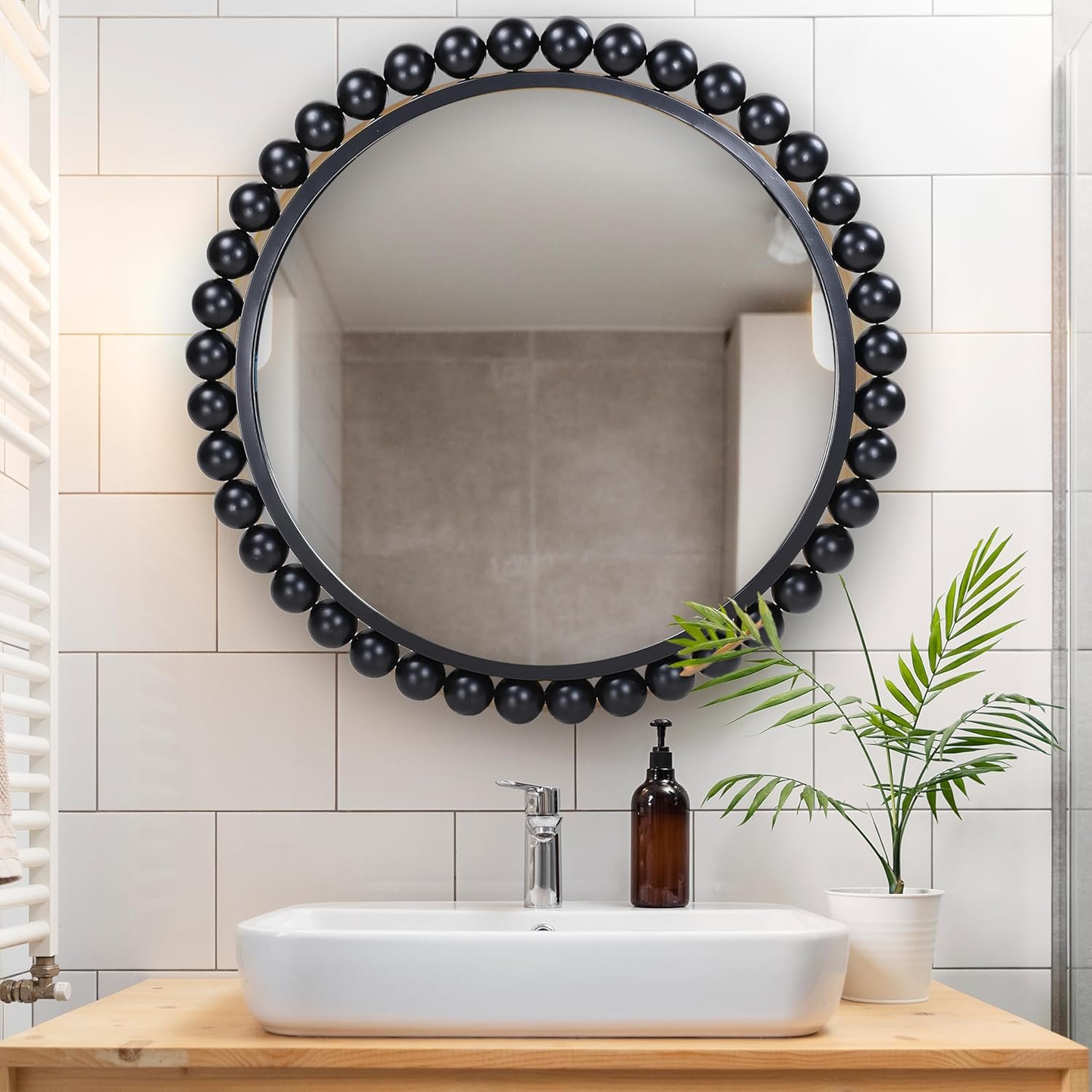 Hamilton Hills Black Circle Mirror – 33 x 33in – Chic Round Mirror for Living Room, Bathroom, Entryway, Vanity Decor -Dimensional Crystal Clear Beads Reflect Light – Home Wall Decor