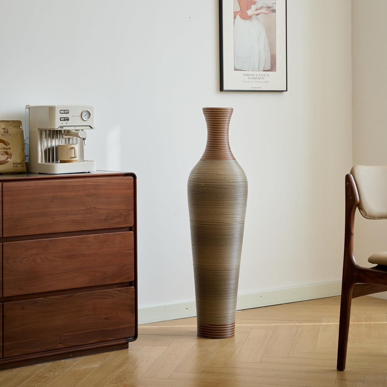 40″ Tall Large Rattan Standing Floor Vase Modern Decorative Accent Flower Holder Floor Vase for Living Room Entryway Dining Room Stylish Home Décor Statement Piece (Brown+Grey)
