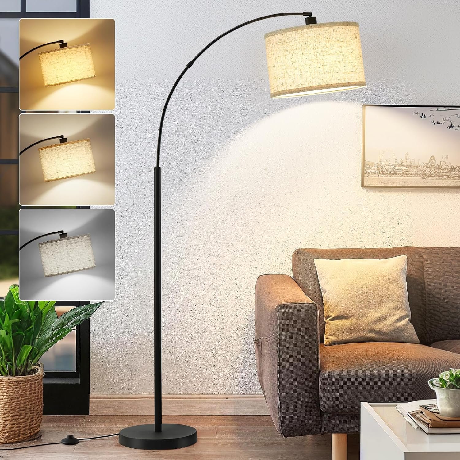 71″ Arc Floor Lamps for Living Room, Standing Lamp with Adjustable Head, Tall Pole Lamp with Foot Switch, Arched Reading Light for Bedroom, Office, 9W Adjustable Color Temperatures Bulb Included