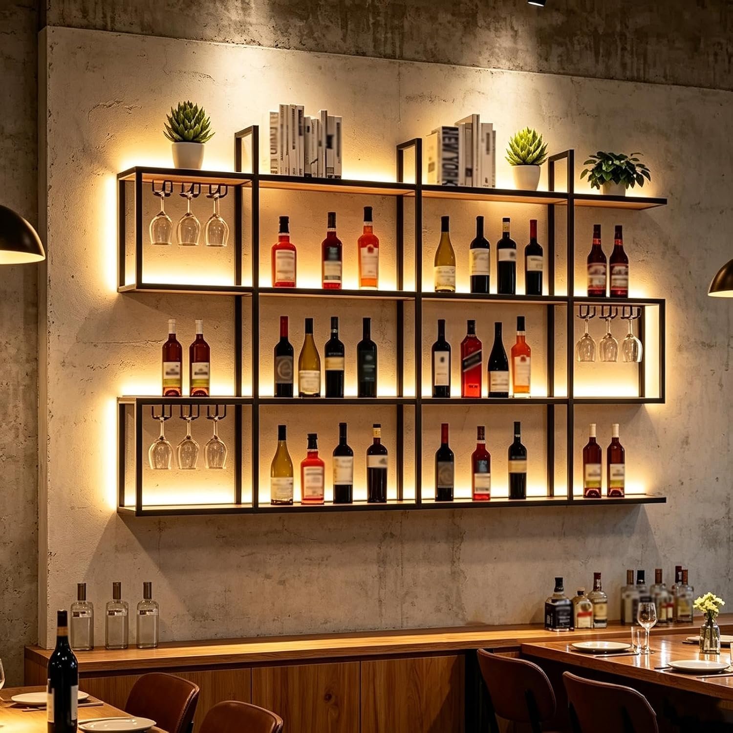 Wall Mounted Wine Rack with LED Light, Metal 4-Tier Floating Shelf with Wine Glass Holder, Industrial Liquor Bottle Storage, Decorative for Home Bar, Dining Room, Kitchen (A:47.2in/120cm)