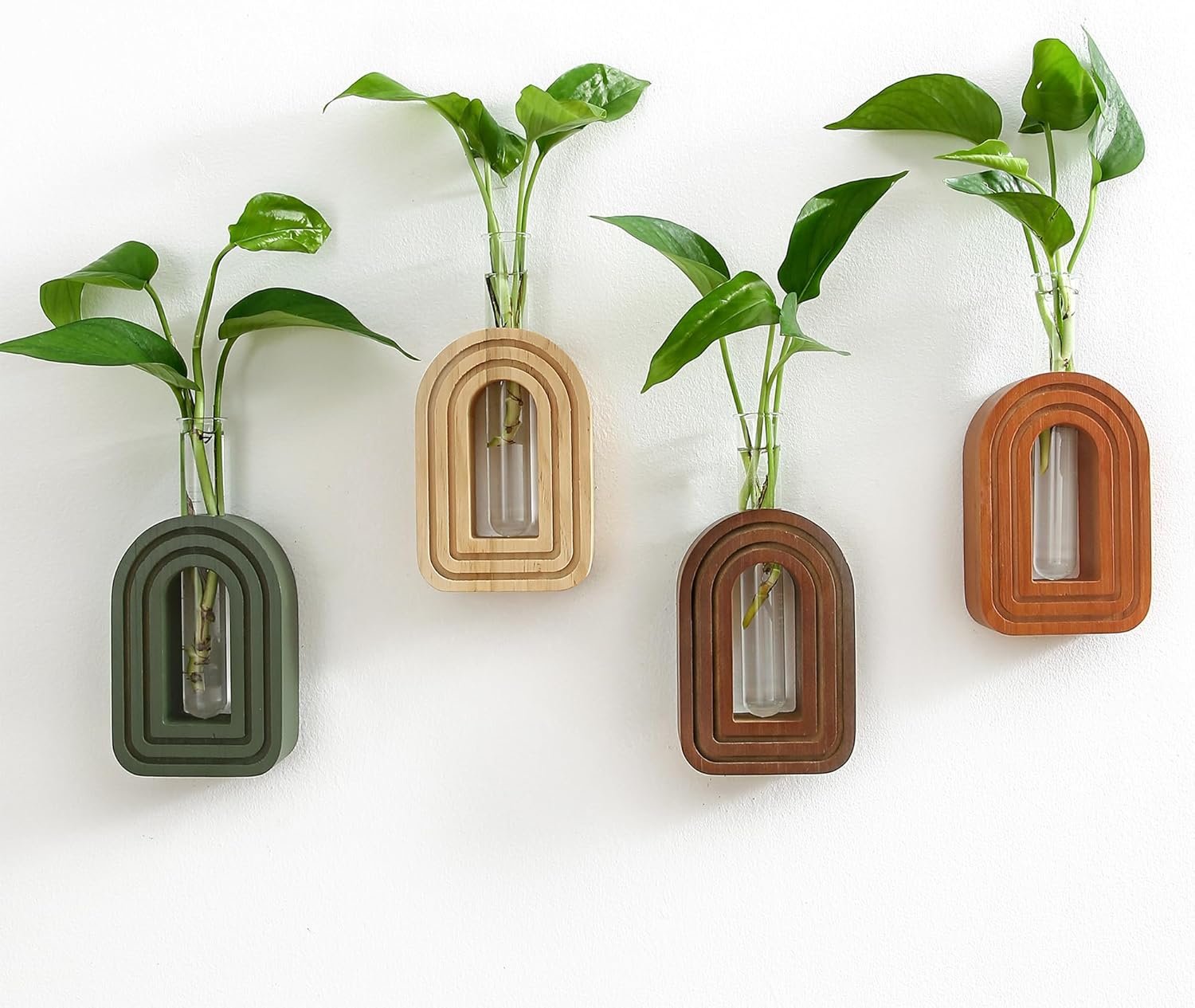 GRID FORTE Wood Wall Arched Propagation Vases (Set of 4), Hanging Plant and Flower Vases, Home Decor Boho Wall Decoration for Living Room Bedroom