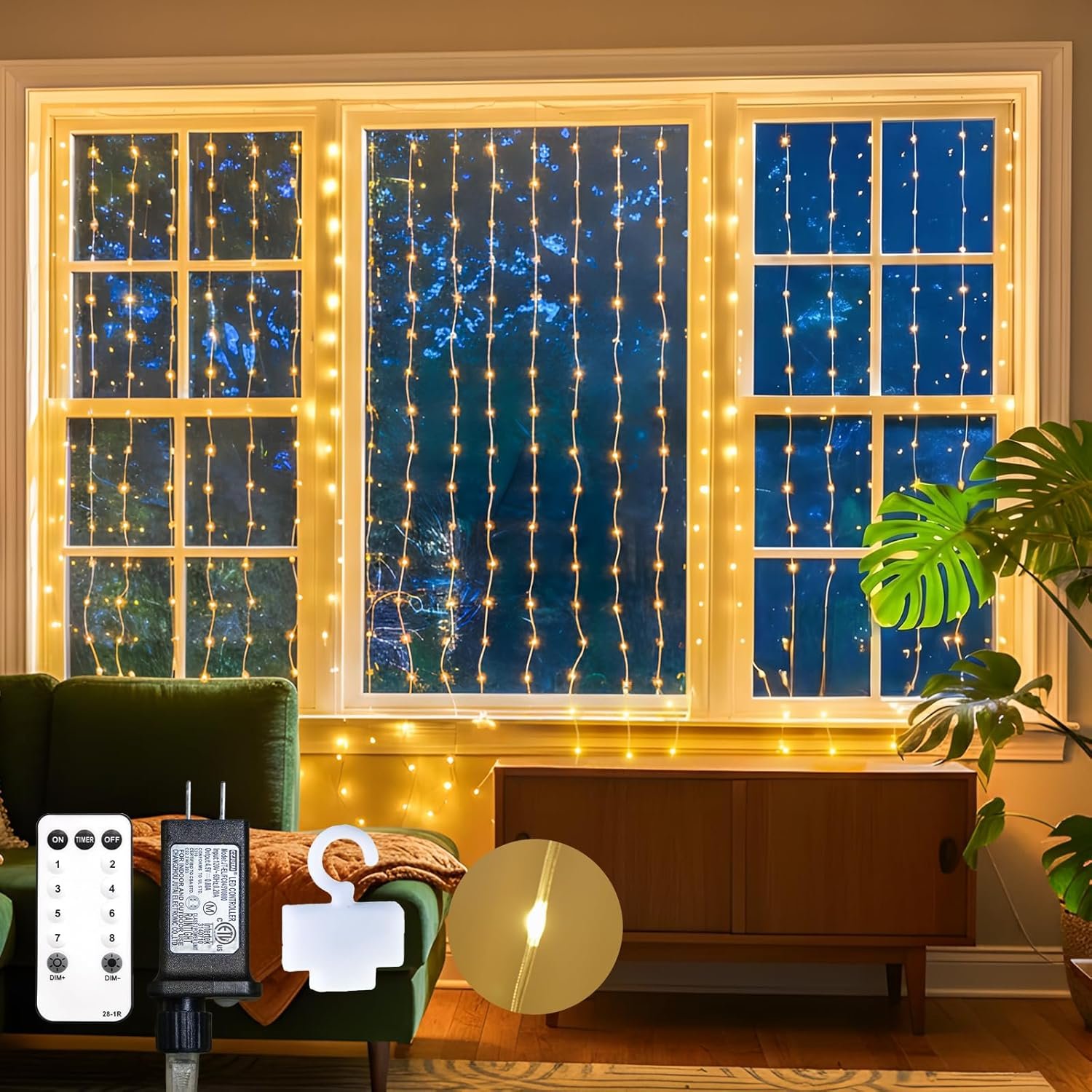suddus Tangle-Free Curtain Lights,200 LED 6.5×6.5ft Hanging Lights with Hooks, Curtain Lights for Bedroom,Christmas, Dorm, Wall, Backdrop, Window, Wedding, Party, Birthday Decor, Warm White