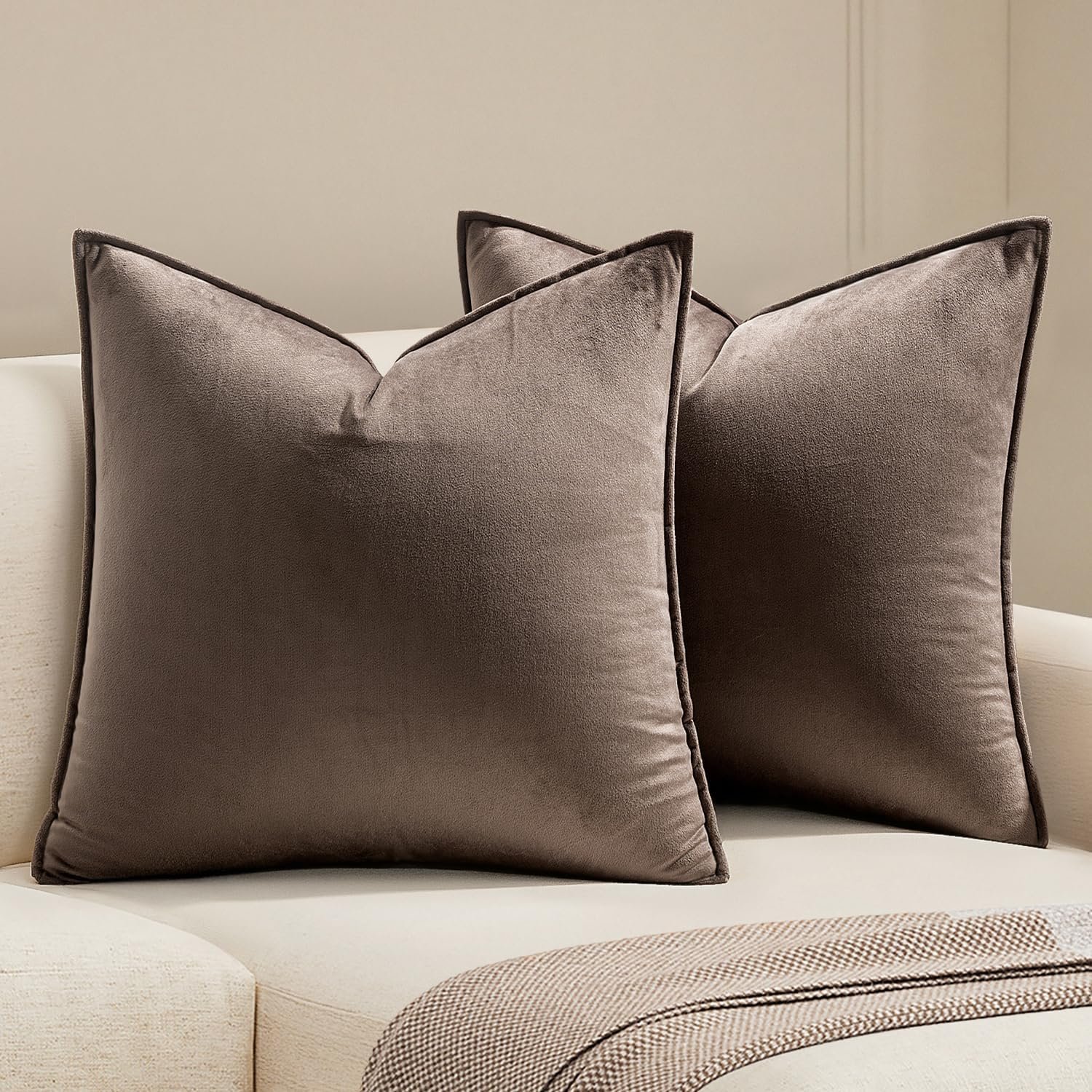 MIULEE Dark Coffee Velvet Throw Pillow Covers 20×20 Taupe Neutral Soft Decorative Solid Square Cushion Cases Pack of 2 Modern Luxury Home Decor for Couch, Sofa, Bedroom
