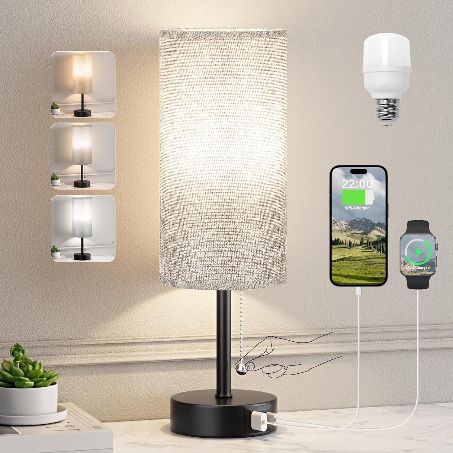 Grey Bedside Lamp for Bedroom Nightstand – Small Table Lamp with USB A + C Charging Port, 3 Color Temperatures Pull Chain Night Stand Light, Side Table Desk Reading Lamp – Dorm Room Essentials