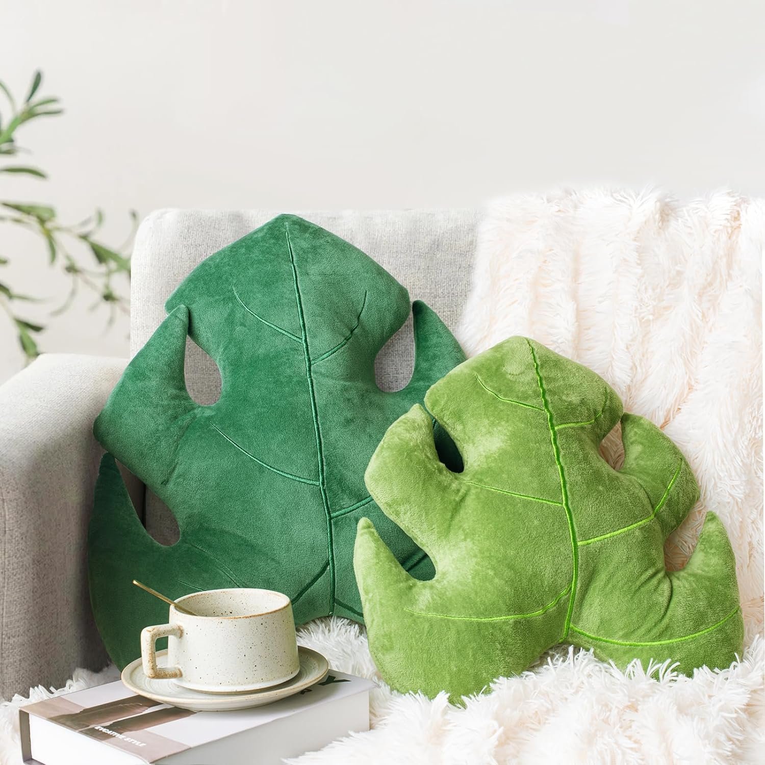 AELS Set of 2 3D Leaves Decorative Throw Pillows, 18″& 14″ Monstera Deliciosa Plush Pillow Set for Plant Lovers Garden Lovers, Living Room Bedroom Nursery Decor, Light Green & Dark Green