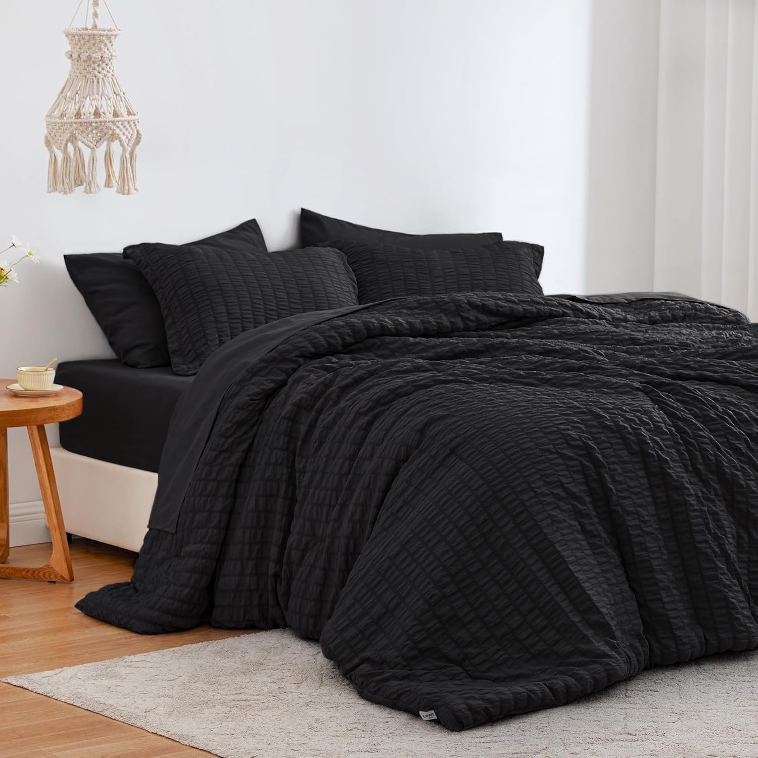 Love’s cabin Seersucker Black King Size Comforter Set, 7-Piece All Season Lightweight Bed in a Bag Bedding Set with Comforter, Flat Sheet, Fitted Sheet, Pillowcases and Shams