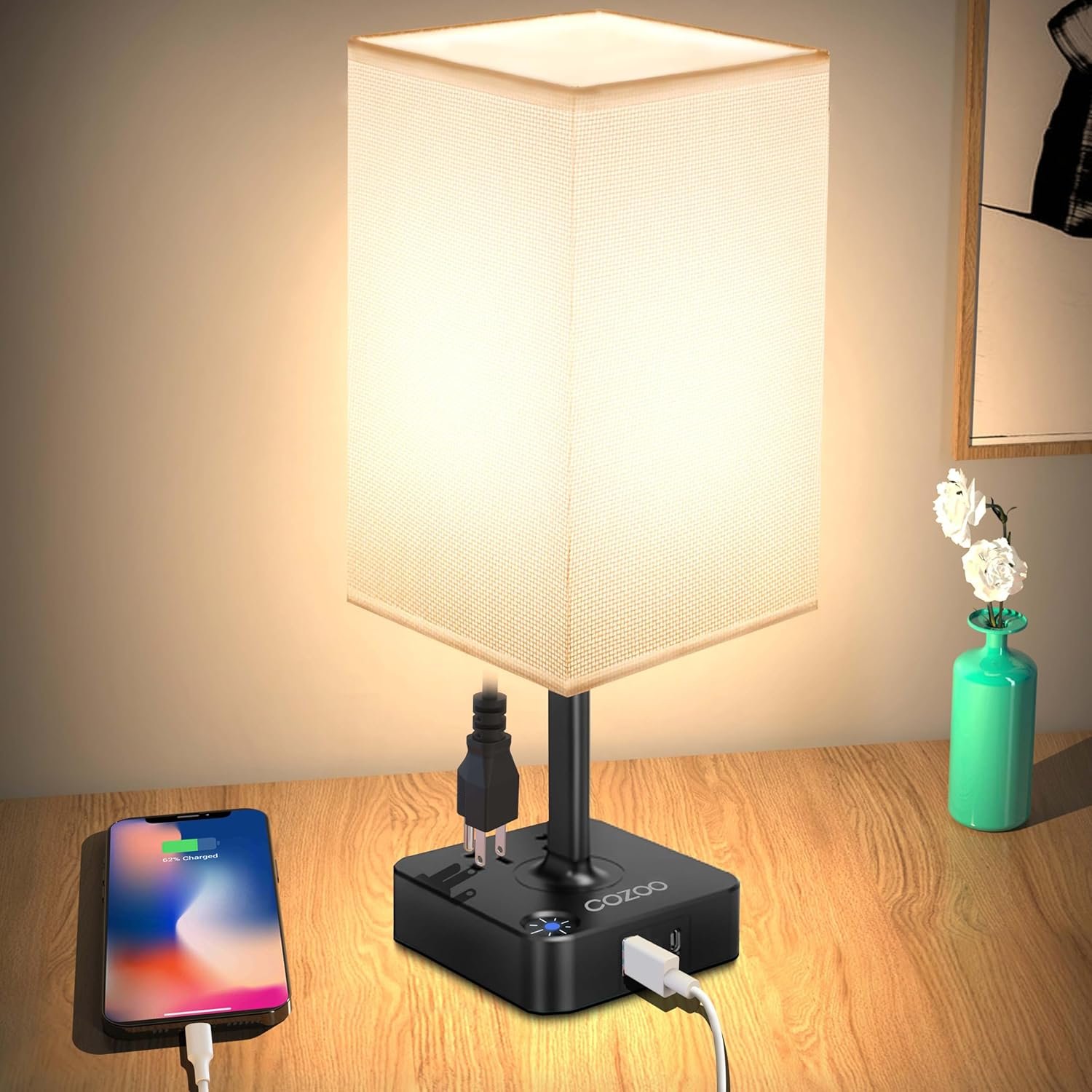 Table Lamp Dimmable cozoo USB Bedside Table Desk Lamp with 2 USB Charging Port(A+C) 2 Outlet,Nightstand Lamp with Charger Base White Fabric Shade,LED Touch Lamp for Bedroom/LivingRoom/Dorm/Home Office