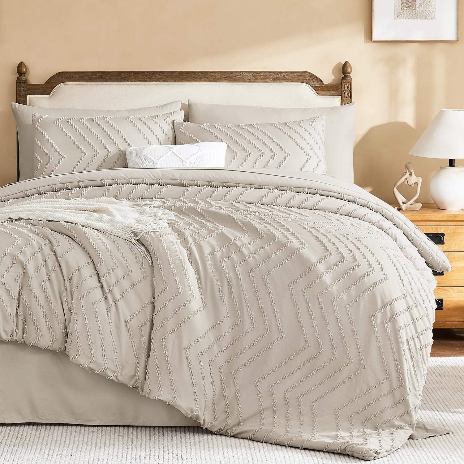 Litanika King Size Comforter Set with Sheets Beige – 7 Pieces Bed in a Bag King Chevron Tufted Boho Luxury Bedding Sets with Comforter, Sheets, Pillowcases & Shams