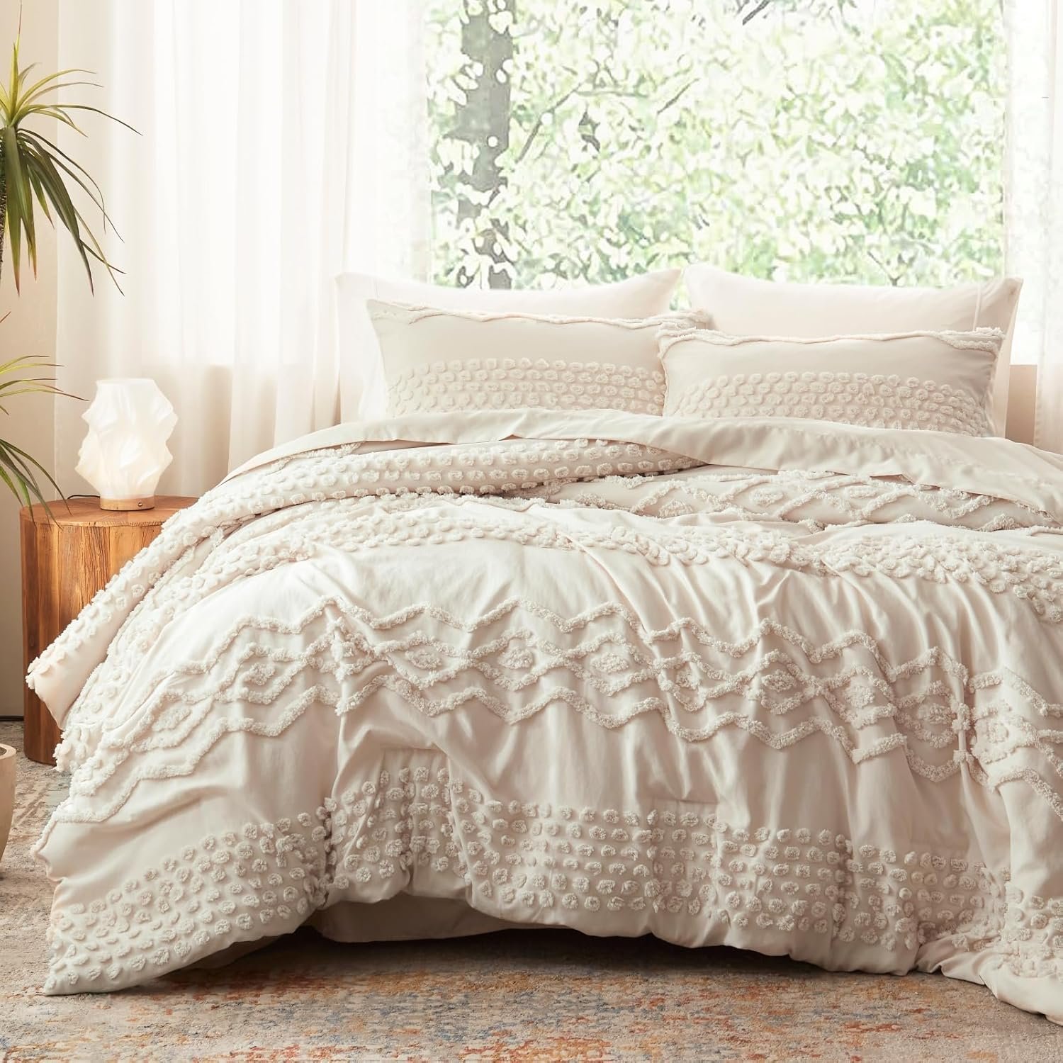 Luxudecor Beige Tufted Comforter Set Queen Size 3 Pieces Boho Shabby Chic Comforter Farmhouse Embroidery Bedding Set Soft Comforter for All Seasons (Beige, 90”x90”)