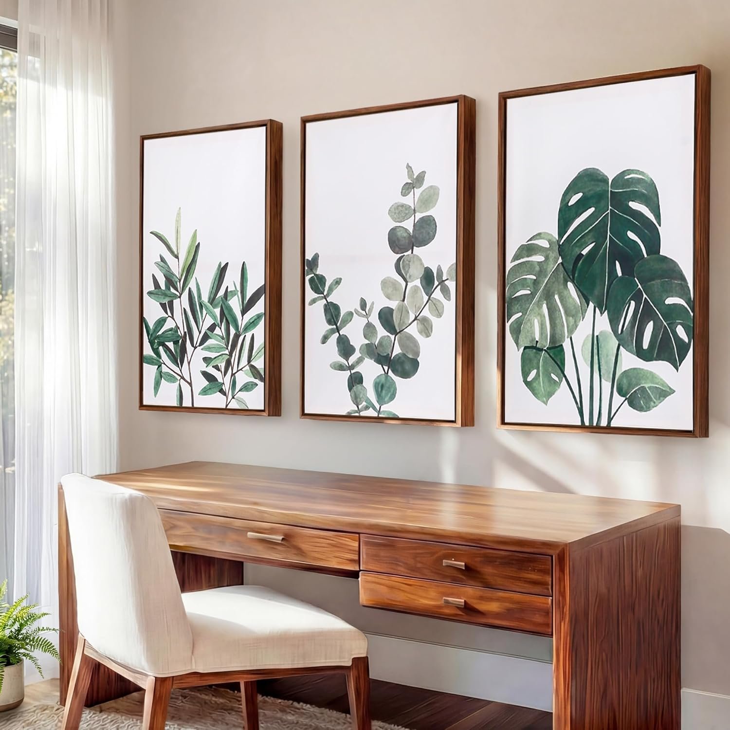 Framed 16×24″ Large Botanical Wall Art Set of 3 with 1.38″ Deep Floating Frame – Sage Green Plant Wall Decor, Earthy Green Eucalyptus Monstera Olive Leaf Art Prints, Modern Minimalist Nature Watercolor Pictures for Living Room and Bedroom