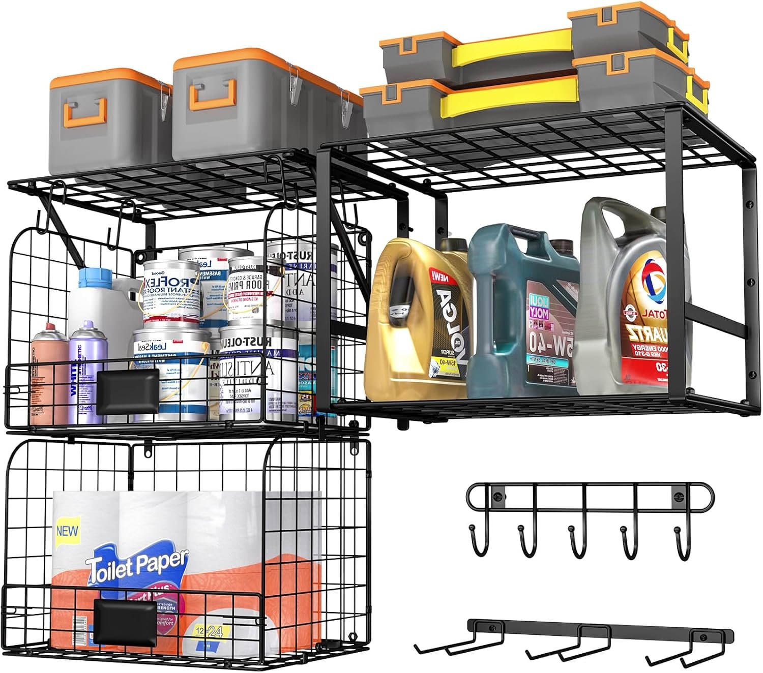 ThreeHio Garage Shelf Wall Mounted with Wire baskets, Heavy Duty Garage Wall Shelving with Garden Tool Rack and Hooks, Wire Shelf Baskets Tool Organizer for Home Garden Yard Organization and Storage
