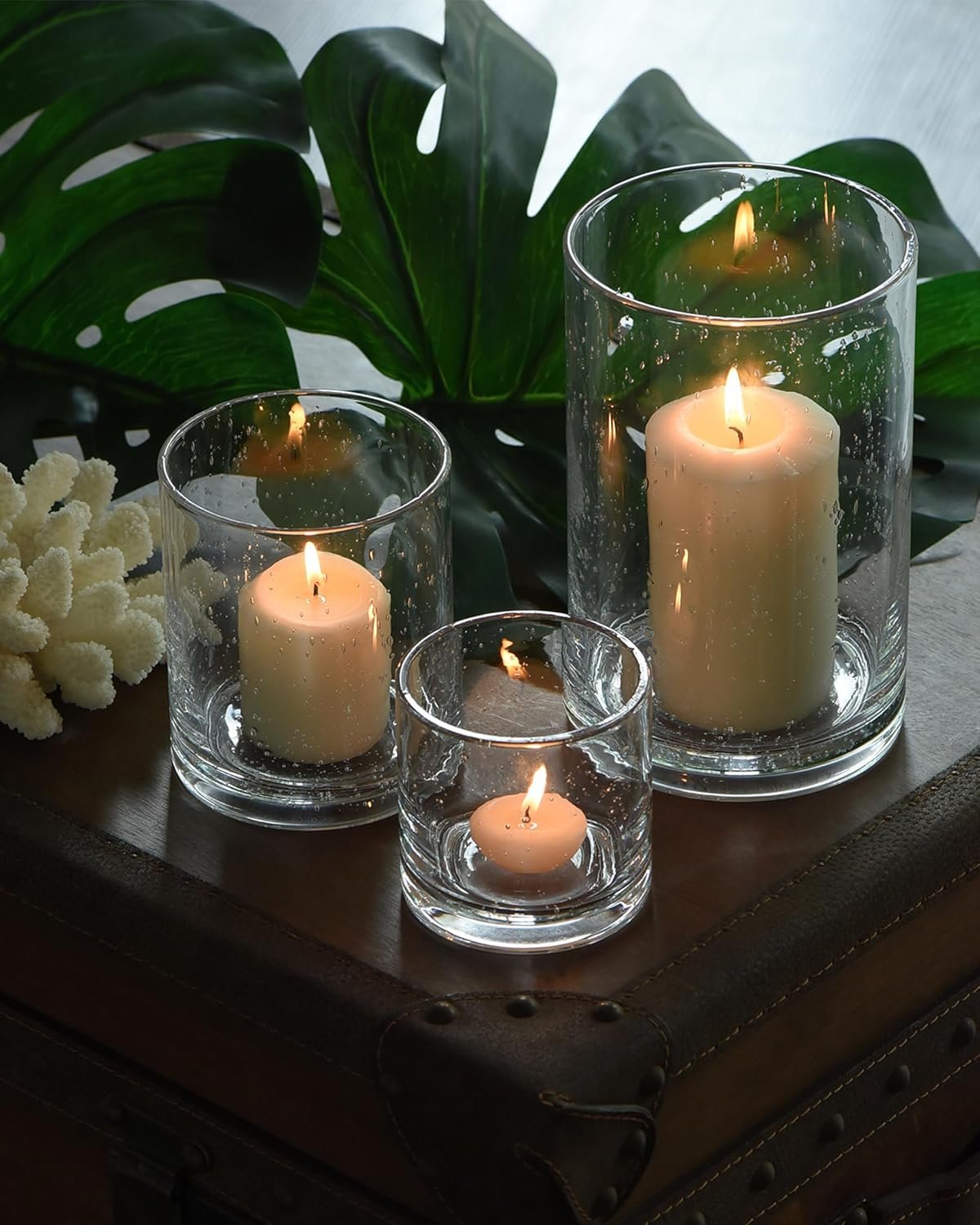 Glass Candle Holders Set, 3 Sizes 8″ 5″ 3.5″ Height | Hurricane Vase Centerpieces, Clear Seeded Bubbles Cylinder, For Pillar Votive Flower, Mother’s Day Birthday Gift