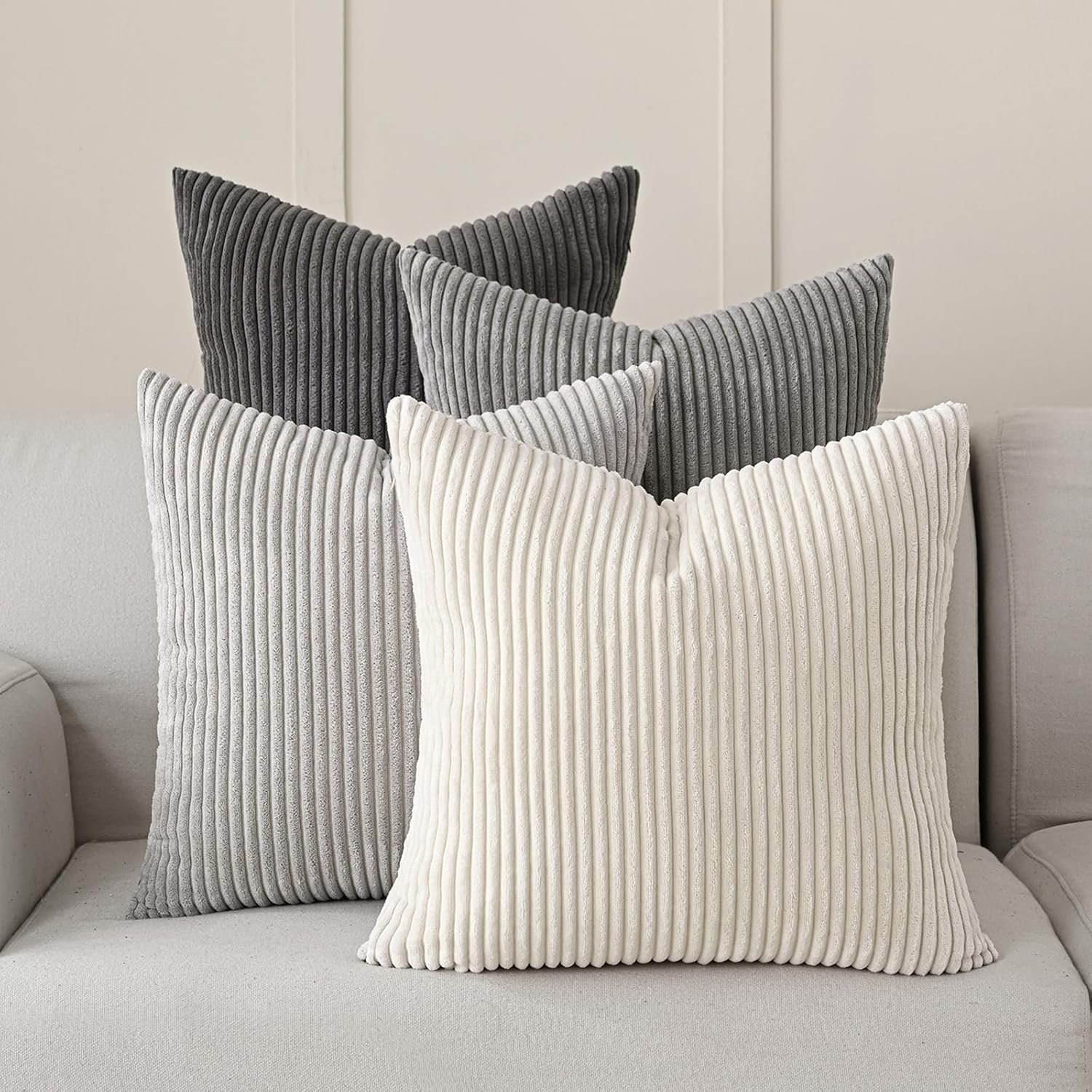 Volcanics Set of 4 Neutral Grey Corduroy Decorative Couch Throw Pillow Covers 18×18 Inch, Western Modern Farmhouse Striped Cushion Cases, Soft Boho Square Accent Pillow Covers for Home Sofa