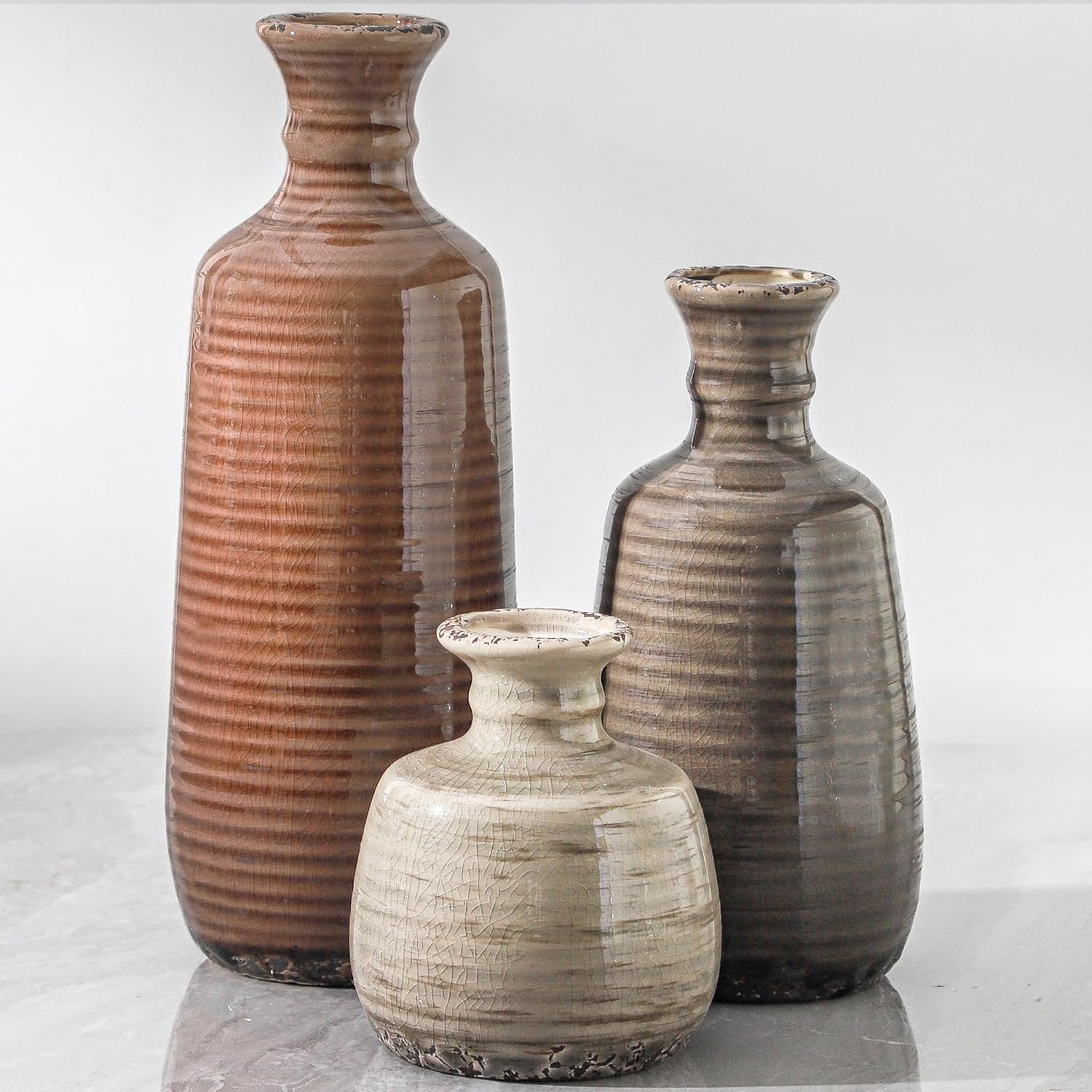 Ceramic Vases Set of 3, Neutral Rustic Farmhouse Vases Home Decor Decorative Flower Vase Modern Boho Pampass Vase for Table Mantel Entryway Shelf Living Room Kitchen Bathroom – Brown