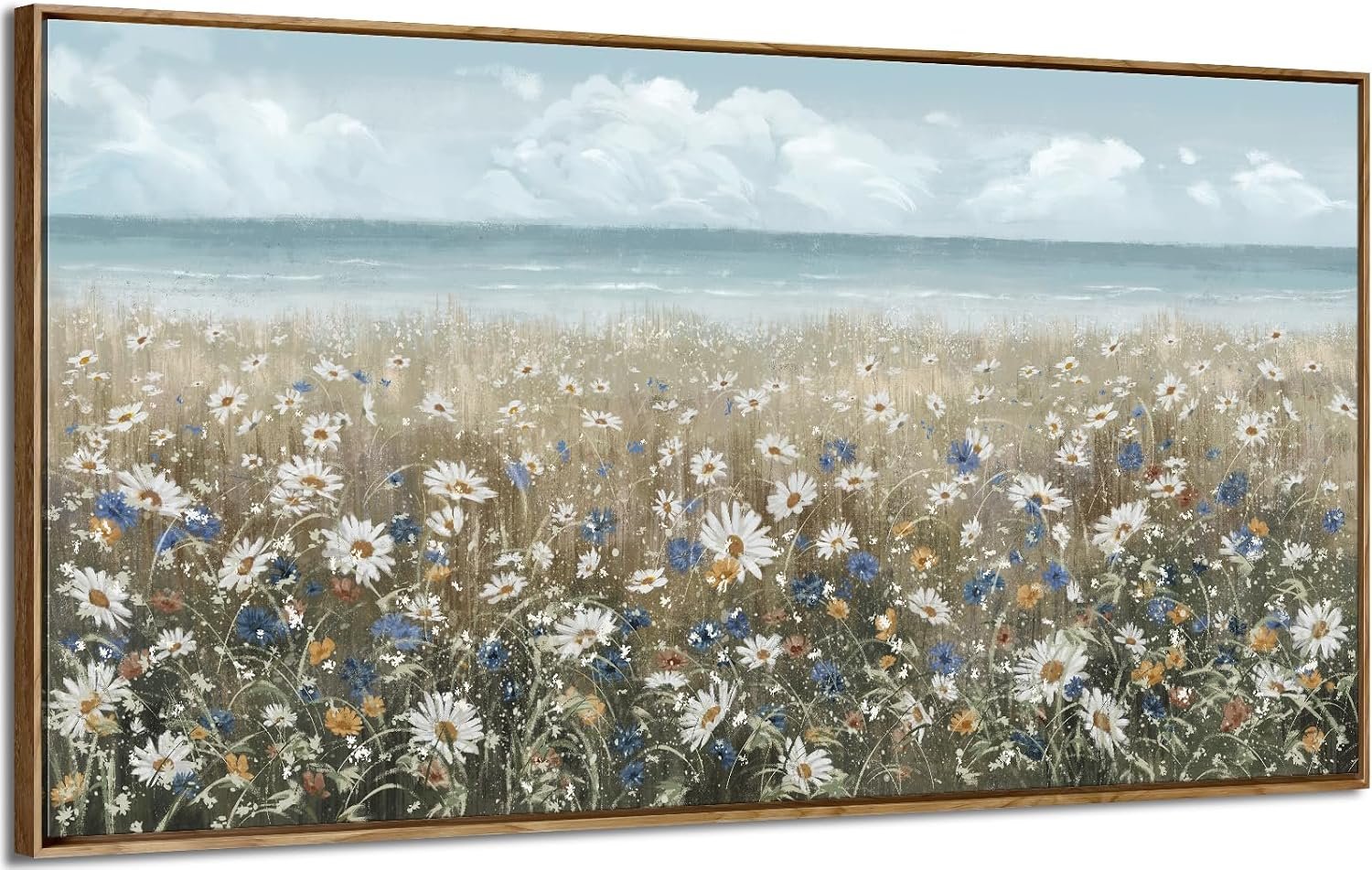 amatop Large Wall Art for Living Room Framed Boho Beach Coastal Floral Ocean Wall Picture Farmhouse Daisy Flower Sea Canvas Print Nautical Neutral Vintage Warm Artwork Home Bedroom Office Decor 48×24