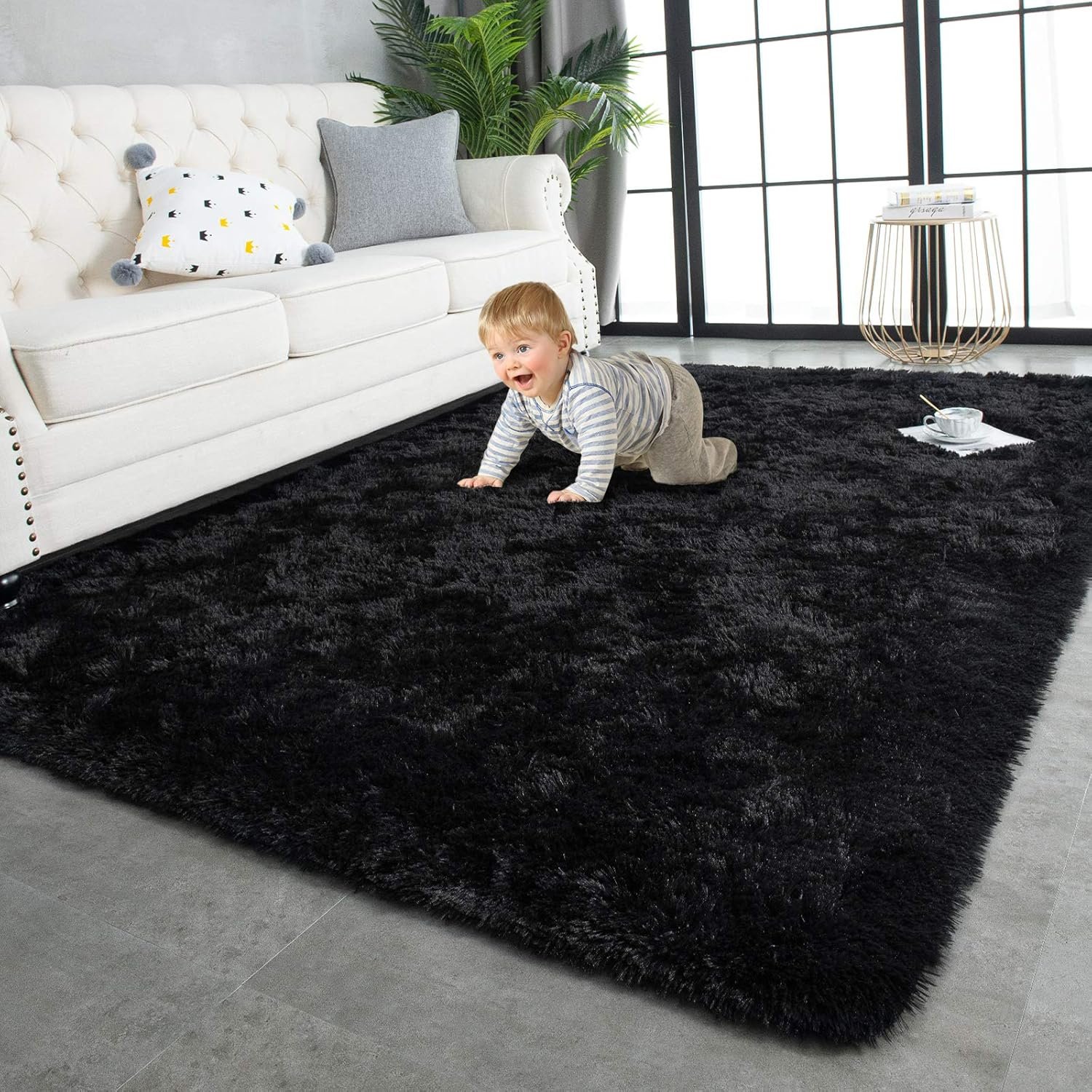 TWINNIS Super Soft Shaggy Rugs Fluffy Carpets, 4×5.9 Feet, Indoor Modern Plush Area Rugs for Living Room Bedroom Kids Room Nursery Home Decor, Upgrade Anti-Skid Rectangular Fuzzy Rug, Black