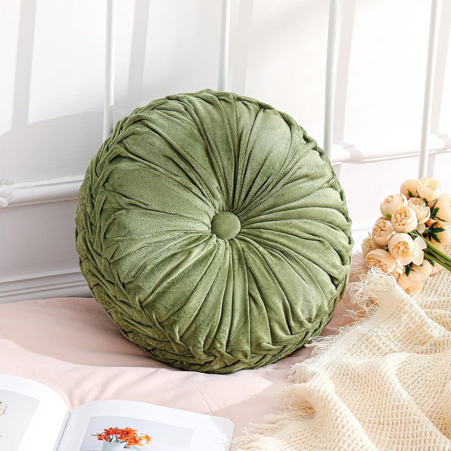 Drydiet 1 Pcs Round Throw Velvet Pillows Decorative Pleated Throw Pillows Diameter Accent Pumpkin Boho Chair Cushion for Couch Sofa Home Decoration (Olive Green,15”)