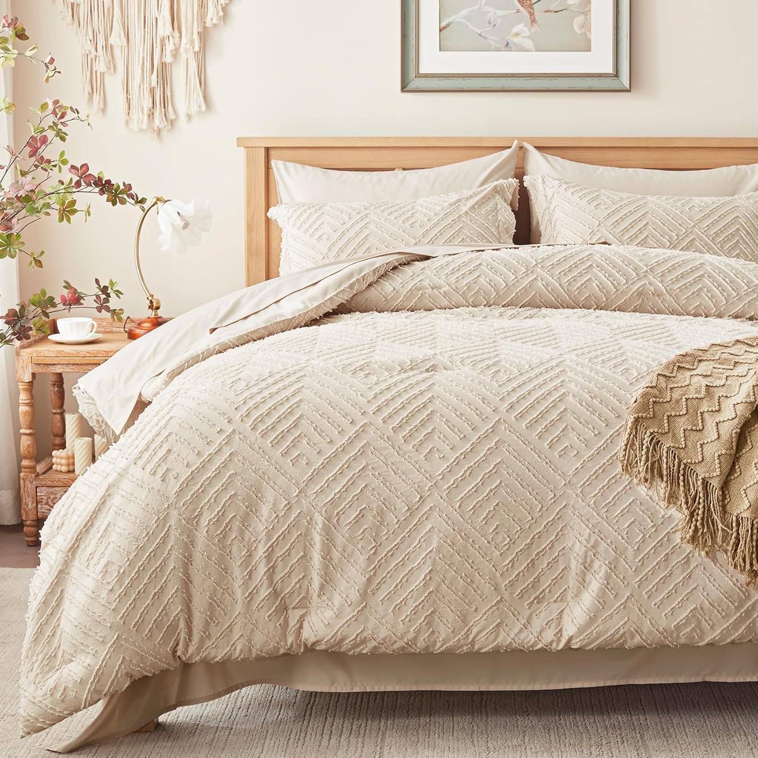 Zzlpp King Size Comforter Set 7 Pieces, Beige Tufted Bed in a Bag with Comforter and Sheets, All Season Boho Bedding Sets with 1 Comforter, 2 Pillow Shams, 2 Pillowcases, 1 Flat Sheet, 1 Fitted Sheet