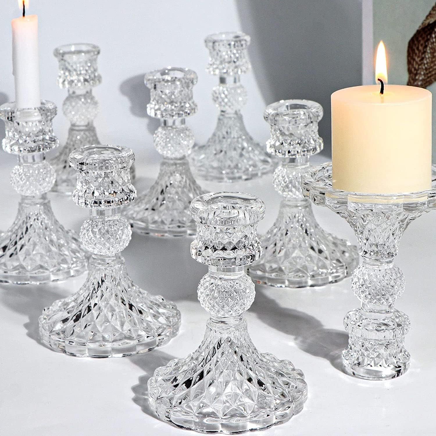 DARJEN Candlestick Holders Set,12Pcs 4″ H Taper Candle Holders Bulk, Clear Glass Candle Holders for Wedding, Spring Party, Romantic Dinner, Festival & Windowsill Decor