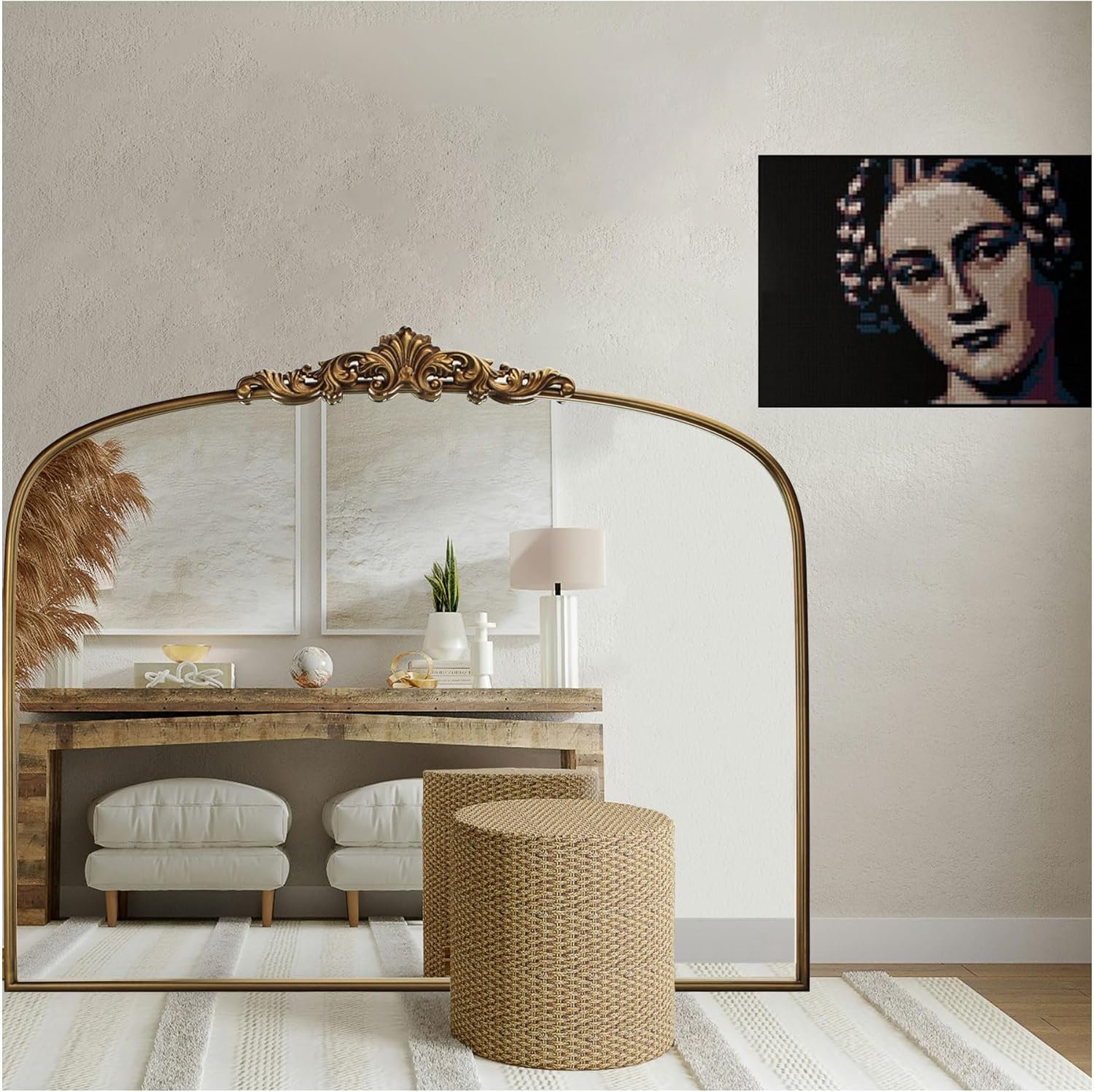 Vintage Gold Ornate Baroque Mirror – 36″X30″ Arched Antique Brass Mirror with Full Metal Frame – Ideal for Entryway, Fireplace, Living Room, Hallway or Wall Decor (Upgrade Tempered Glass)