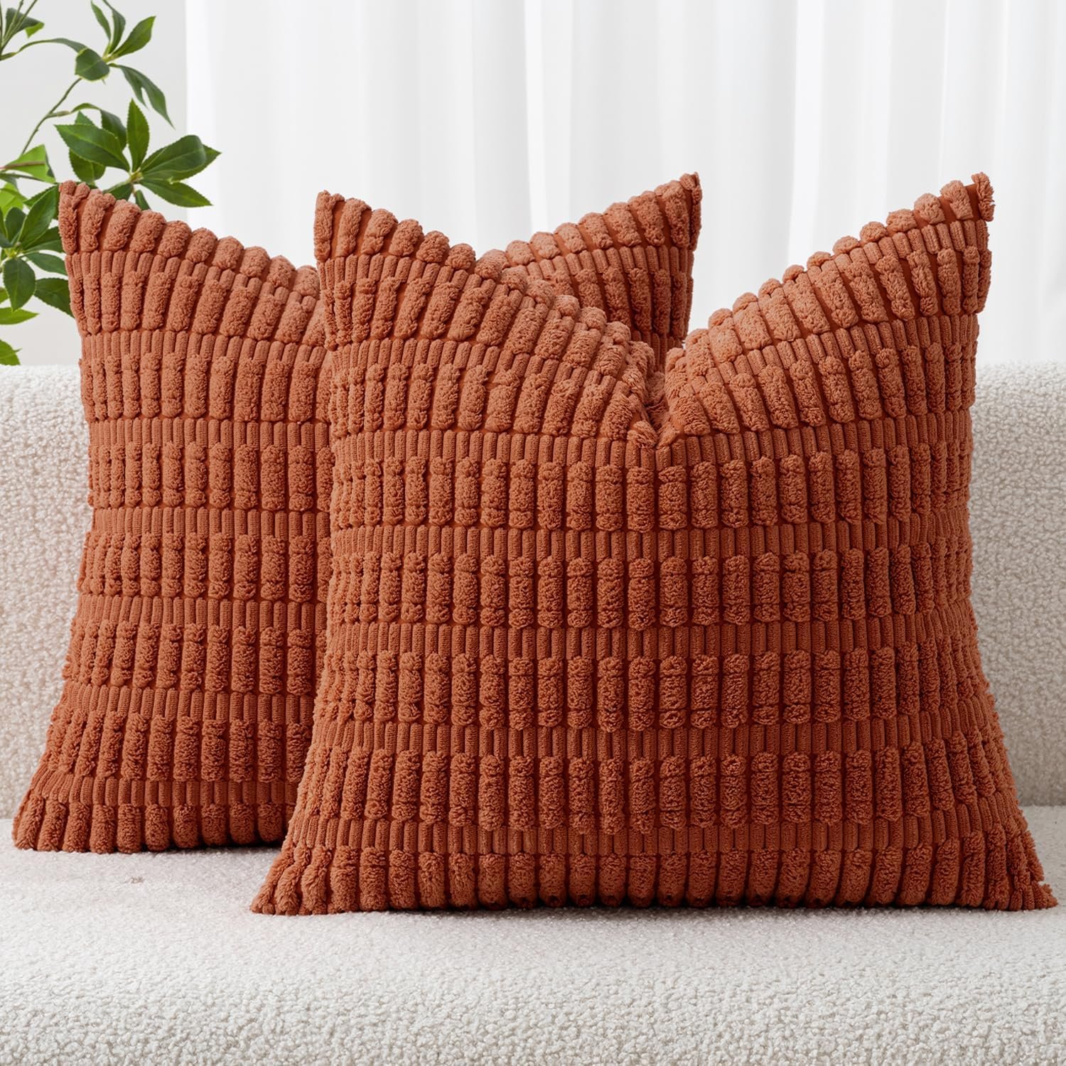 MIULEE Pack of 2 Corduroy Decorative Throw Pillow Covers 18×18 Inch Soft Boho Striped Pillow Covers Modern Farmhouse Home Decor for Sofa Living Room Couch Bed Rust