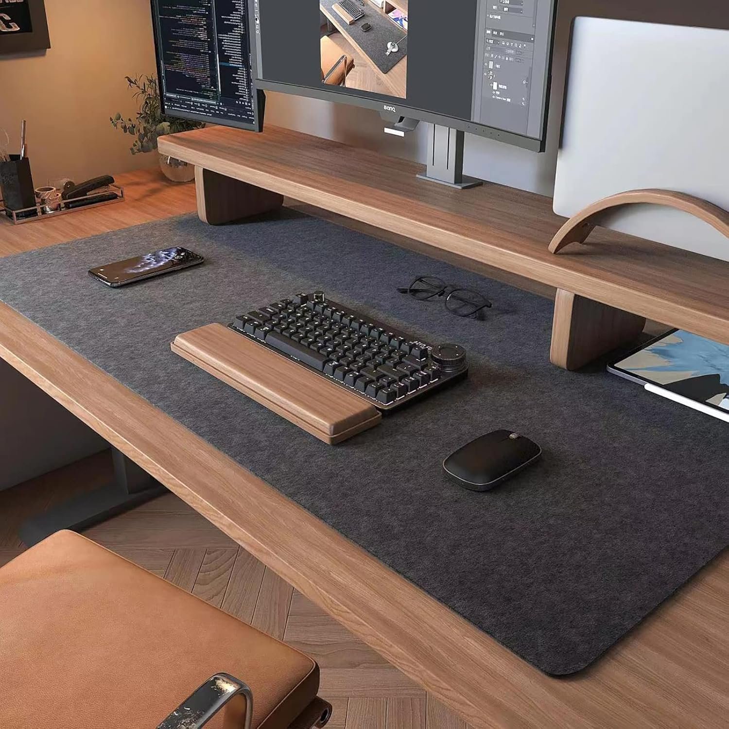 Large Felt Desk Mat,39.4”x19.69” Non-Slip Full Keyboard and Mouse Pad | Computer Desk Mat for Home and Office,100x50CM Felt Desk Pad Protector (Dark Gray)
