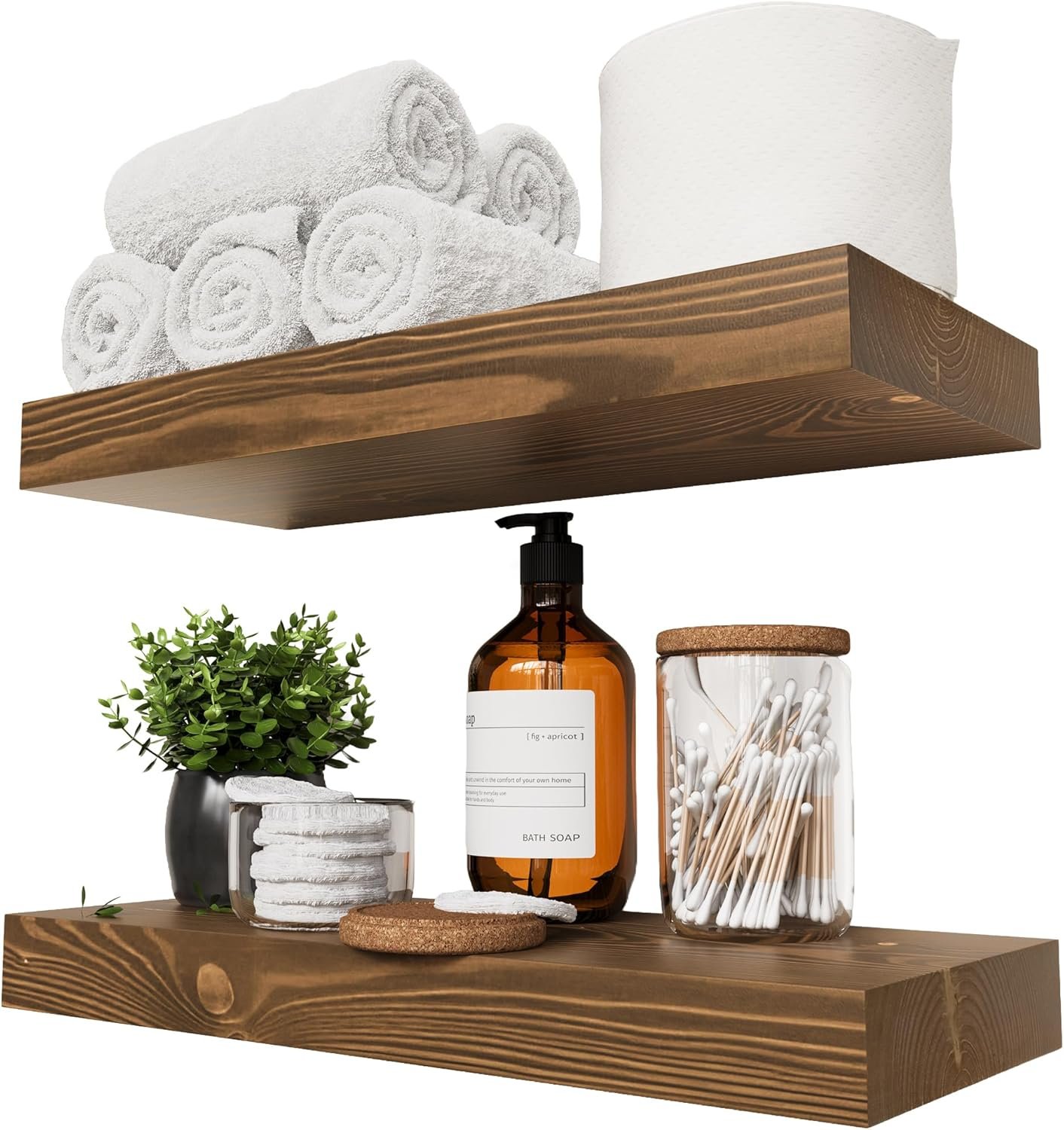 BAOBAB WORKSHOP Wood Floating Shelves for Wall Mounted, 16 inch Walnut Floating Shelf for Bathroom, Solid Wooden Wall Shelves for Kitchen Bedroom Farmhouse, Walnut Finish, 16 x 6.7, Set of 2