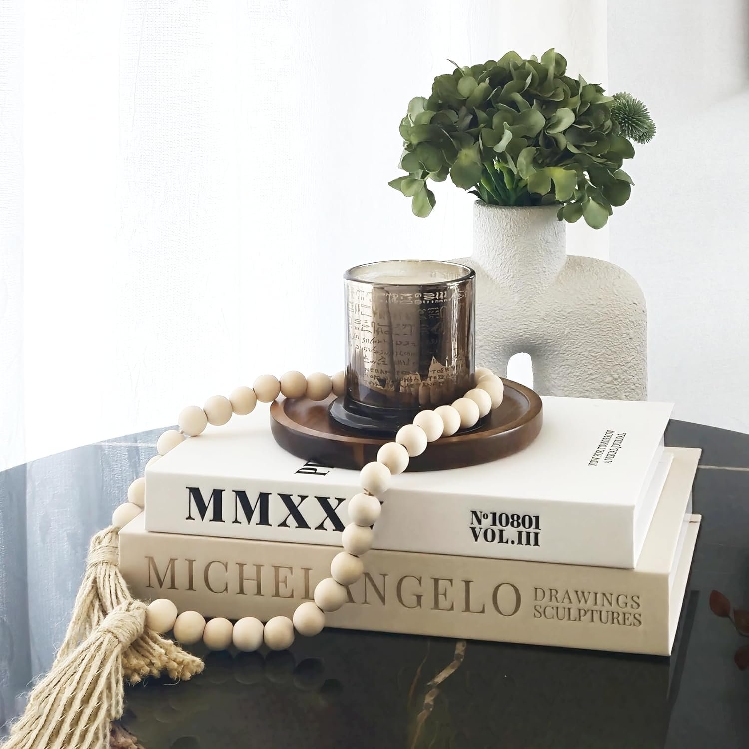 4-in-1 Decorative Books Set, Coffee Table Books Decor, 2 Linen Fake Book Boxes with Wood Tray, Bead Garland for Decoration, Bookshelf Boho Neutral Aesthetic Decor