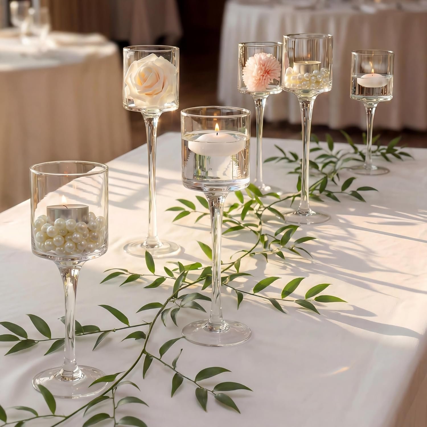 NUPTIO Glass Tealight Candle Holders: Set of 6 Tall Candle Stands for Dinner Table Centerpiece – Stemmed Candleholders for Pillar Floating Candles