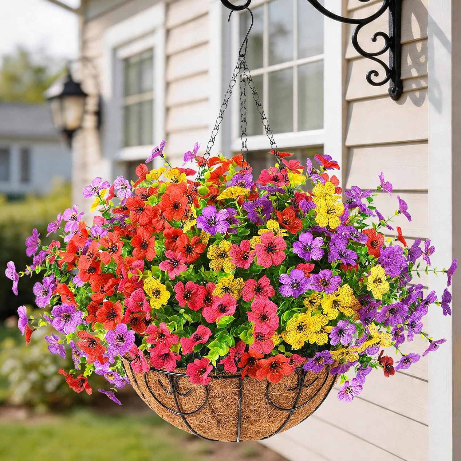 Homsunny Artificial Fake Hanging Flowers Plants Basket for Outdoor Spring Summer Decoration, Faux Silk Flower Outside UV Resistant Look Real Yard Patio Front Porch Garden Balcony Home Decor(Mix3)