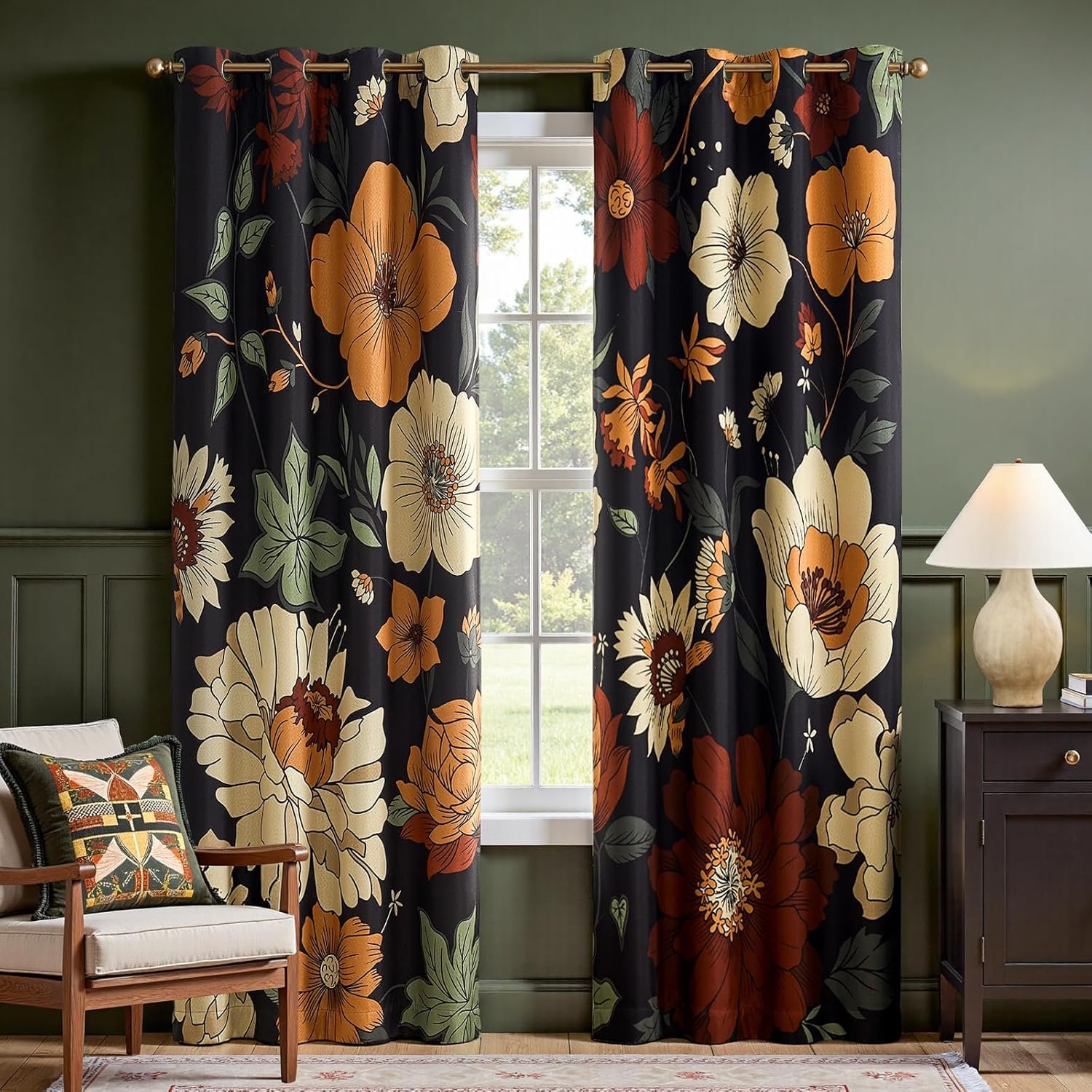 jinchan Lora Floral Curtains for Bedroom Blackout Drapes for Living Room Darkening Fabric Vintage Black Boho Flower Pattern Fall Decor Window Curtains 84 Inches Length 2 Panels with Grommet