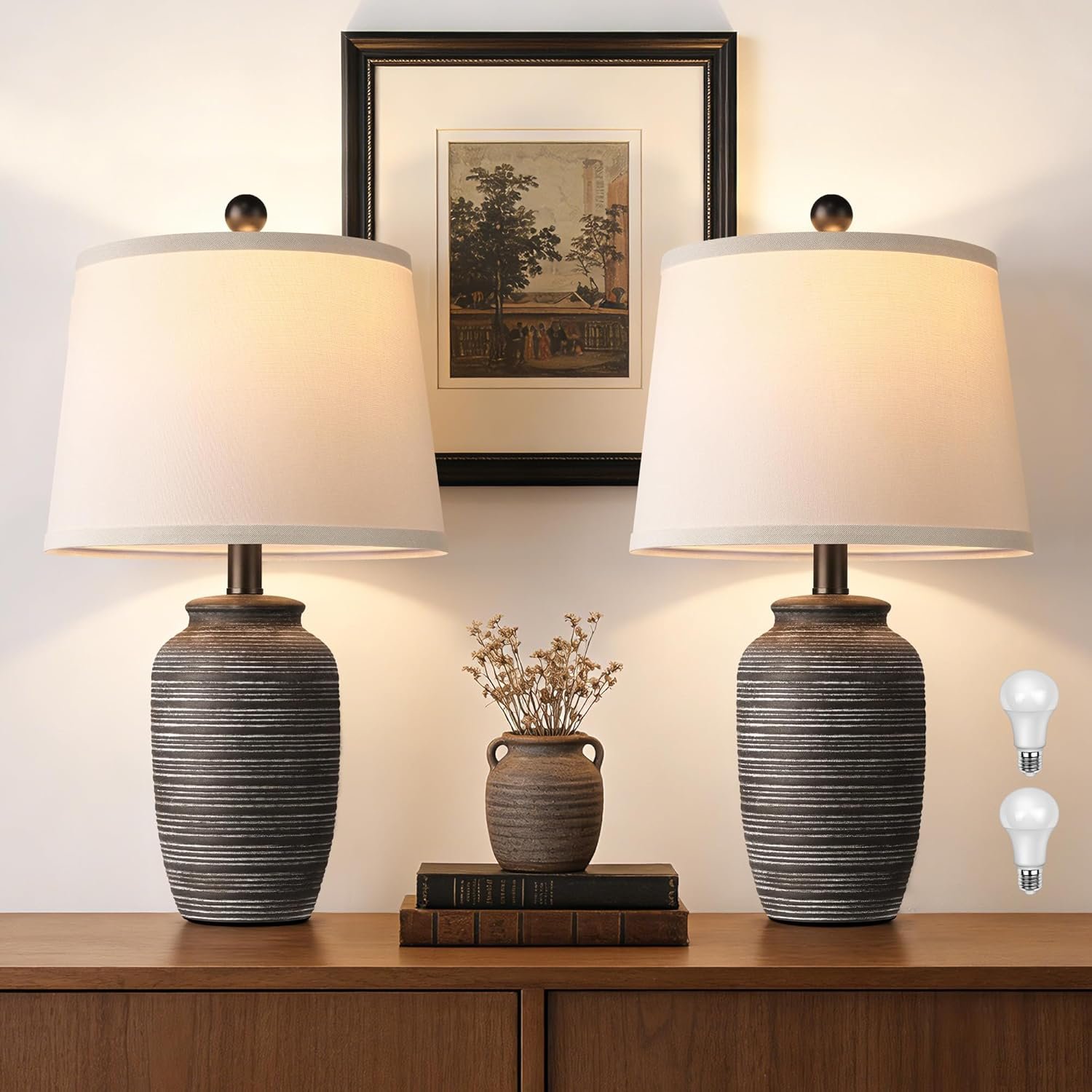 QiMH Farmhouse Lamps for Living Room, 21″ Bedside Lamps Set of 2 with Linen Lampshade, Rustic Ceramic Table Lamp for Bedroom, End Table, Nightstand, Dining, Office, Home Decor, Black(Bulb Included)