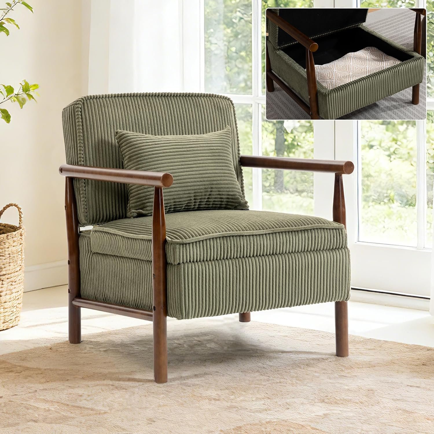 Accent Chair, Comfy Cozy Modern Mid-Century Accent Chairs with Storage, Corduroy Upholstered Lounge Armchair with Solid Wood Reading Side Single Sofa for Living Room/Balcony/Bedroom-Green
