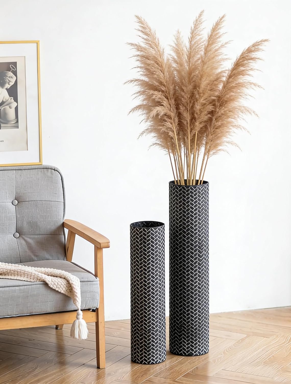 Sziqiqi Black Tall Floor Vase: 27.6/21.7in Metal Modern Cylinder Floor Vases – Woven Texture Extra Large Decorative Vase Set of 2 Home Decor for Living Room Bedroom Home Corner Indoor Office