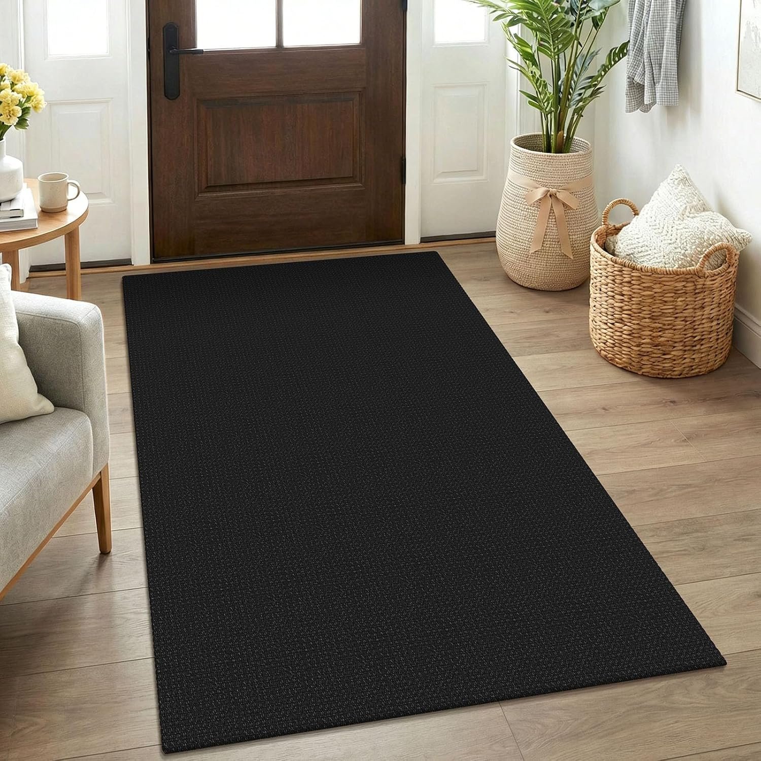 KOZYFLY Rugs for Entryway 3×5 ft Washable Area Rug Non Slip Rubber Backed Entry Rug Woven Indoor Door Mat Cotton Kitchen Rugs Floor Carpet for Entryway, Foyer, Backdoor, Black/Dark Grey