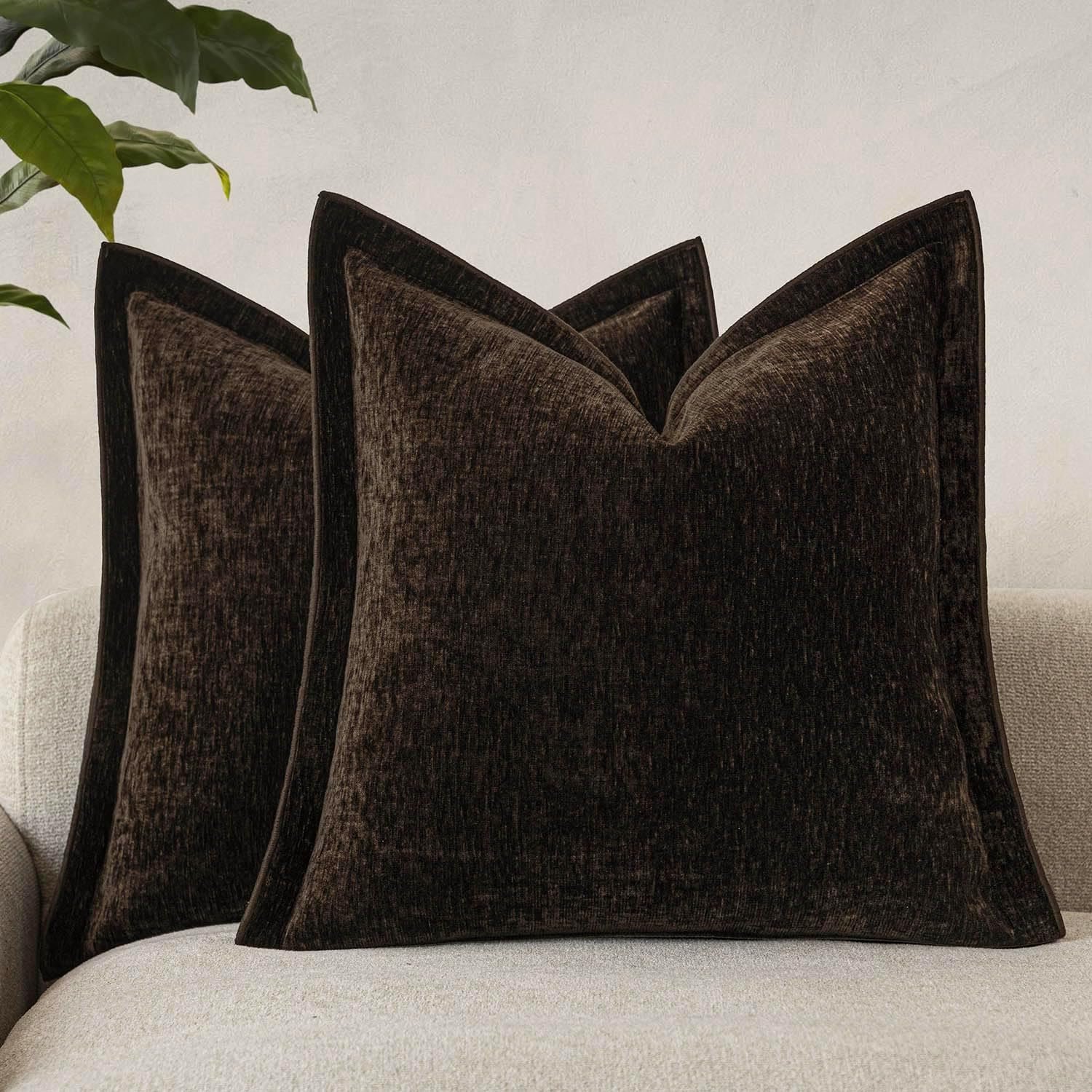 Decorative Chenille Luxury Throw Pillow Covers with Wide Edge, Textured Solid Pillowcases, Soft Velvet Cushion Cover Home Décor for Couch Sofa Living Room,18×18 Inch, Set of 2, Dark Brown
