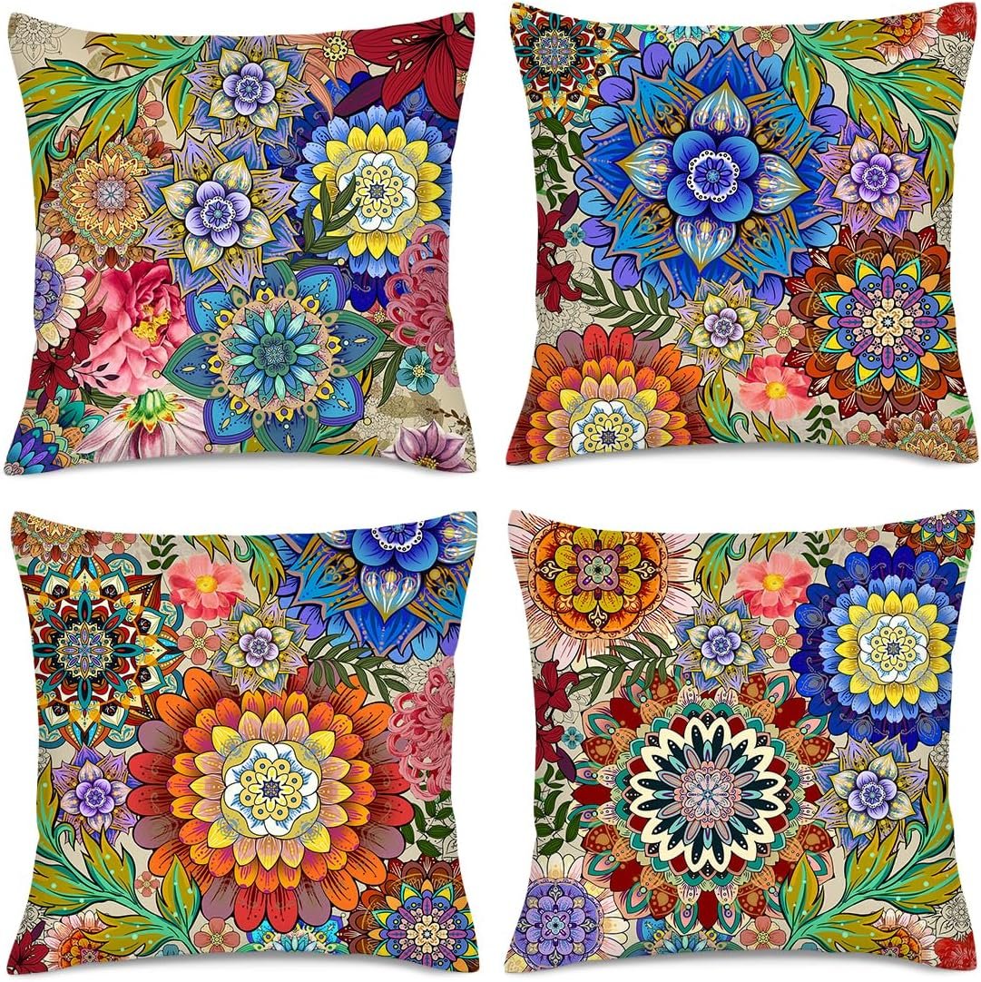 Boho Floral Throw Pillows Covers Colorful Flowers Decorative Pillow Cases for Sofa Couch Bedroom Living Room Decor Farmhouse Cushion Covers 18×18 Inches Set of 4