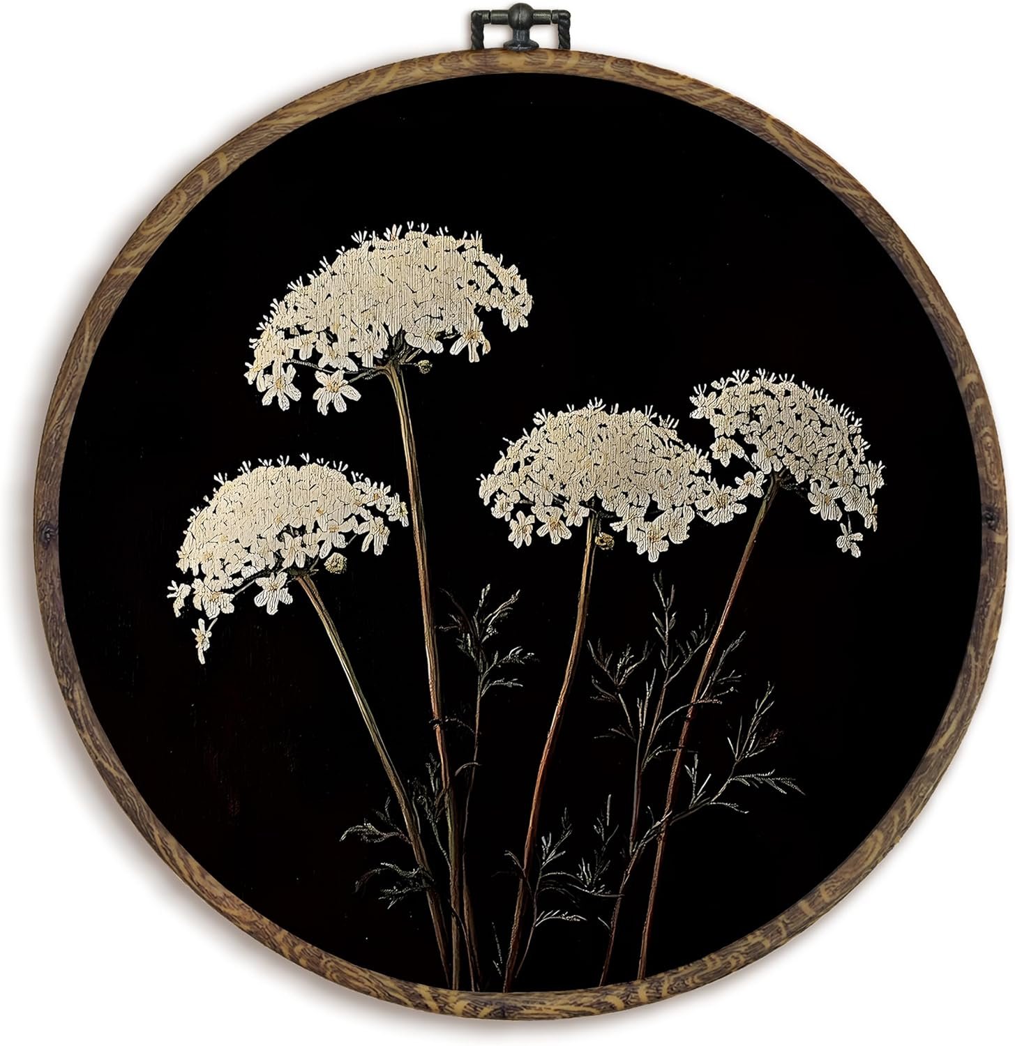 KFXHANGD Dark Moody Floral Round Wall Art Framed, Botanical Prints Framed, Minimalist Plant Canvas Wall Art Decor, Vintage Country Farmhouse Hanging Decor for Bathroom Living Room Bedroom, 10x10inch
