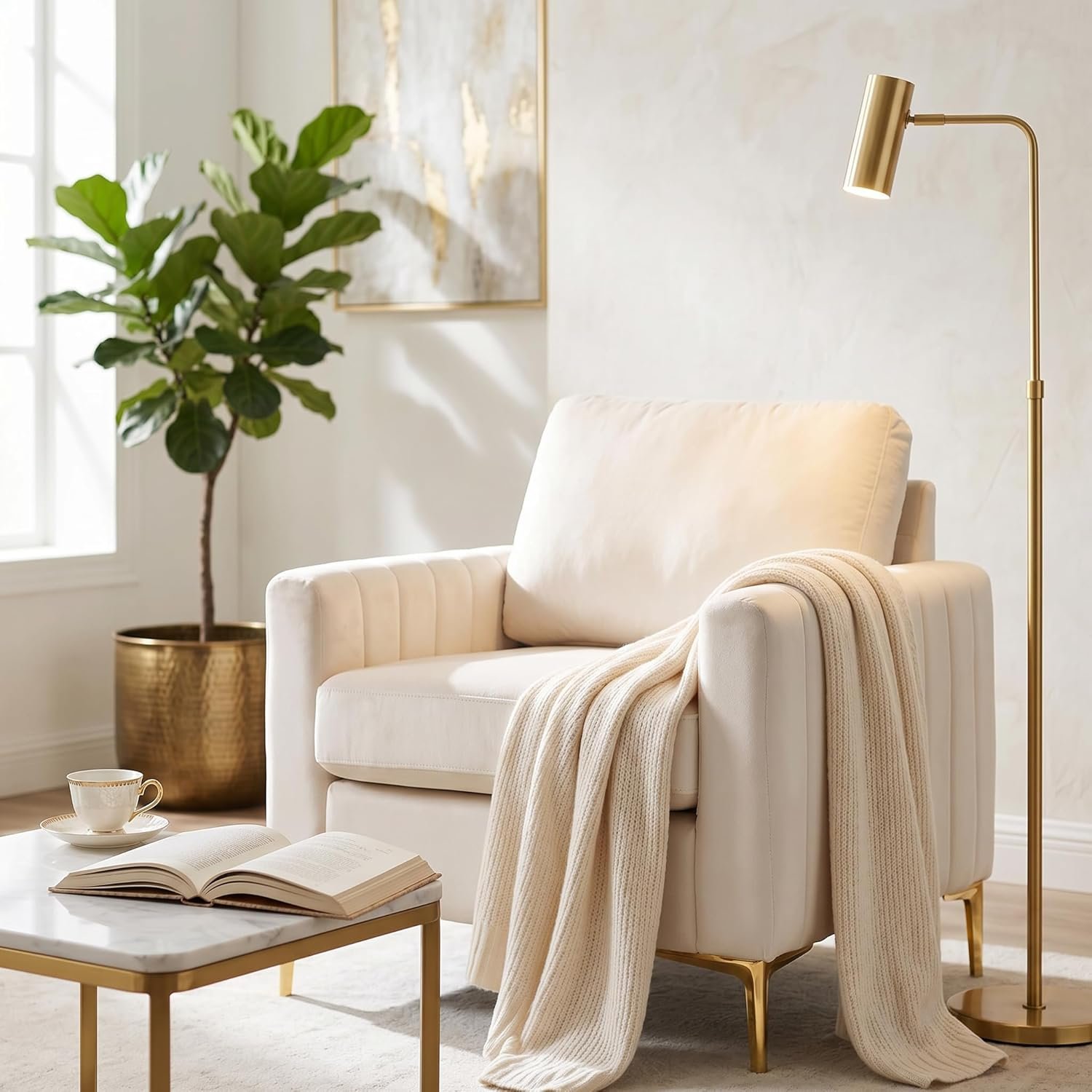 Velvet Accent Chair for Living Room, Bedroom, Home Office Small Comfy Accent Club Chair, Modern Single Reading Armchair with Gold Metal Legs, Cream